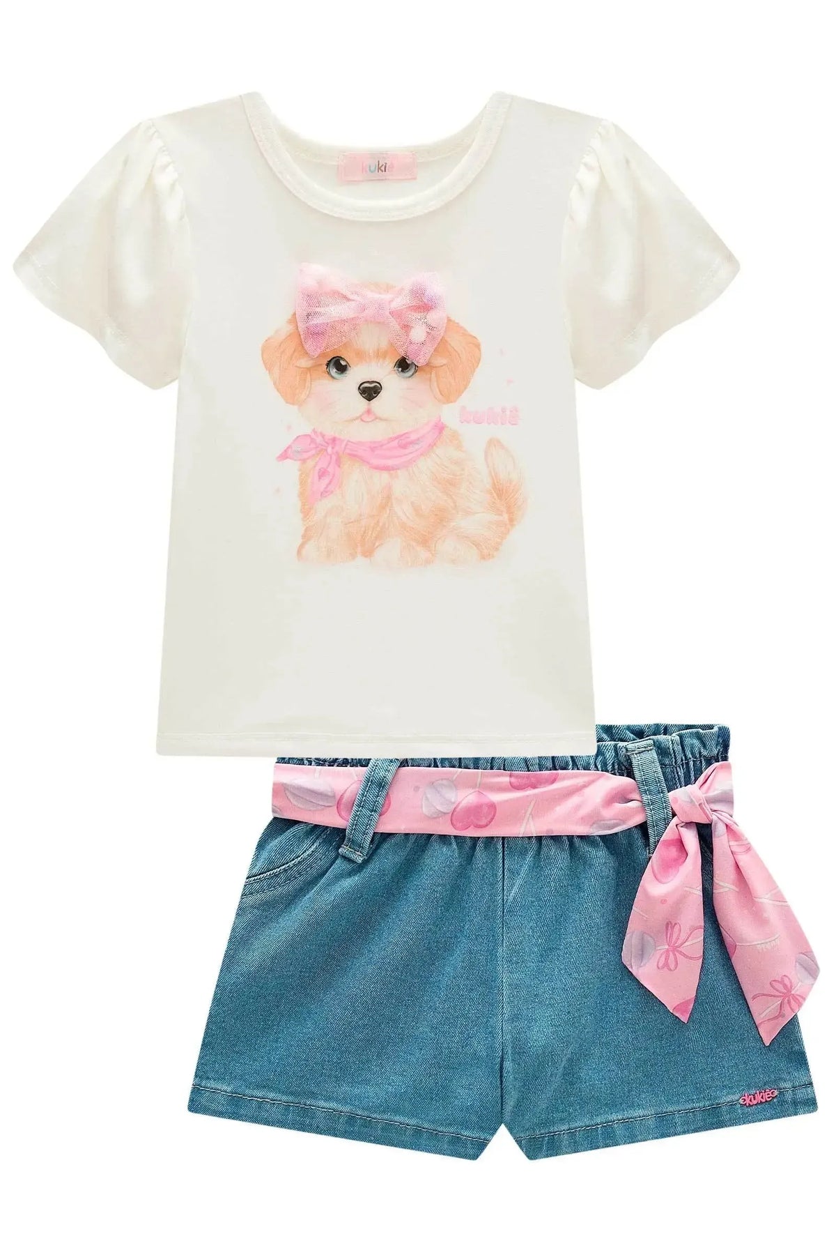 Conjunto de Blusa em Cotton e Shorts em Jeans com Elastano 98302 Kukiê Infantil Menina