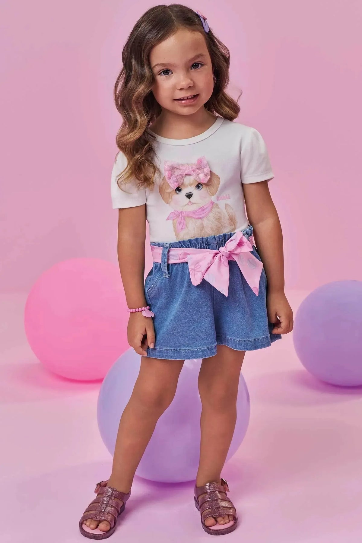 Conjunto de Blusa em Cotton e Shorts em Jeans com Elastano 98302 Kukiê Infantil Menina