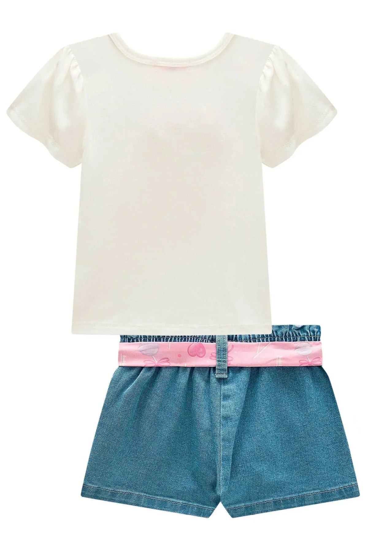 Conjunto de Blusa em Cotton e Shorts em Jeans com Elastano 98302 Kukiê Infantil Menina