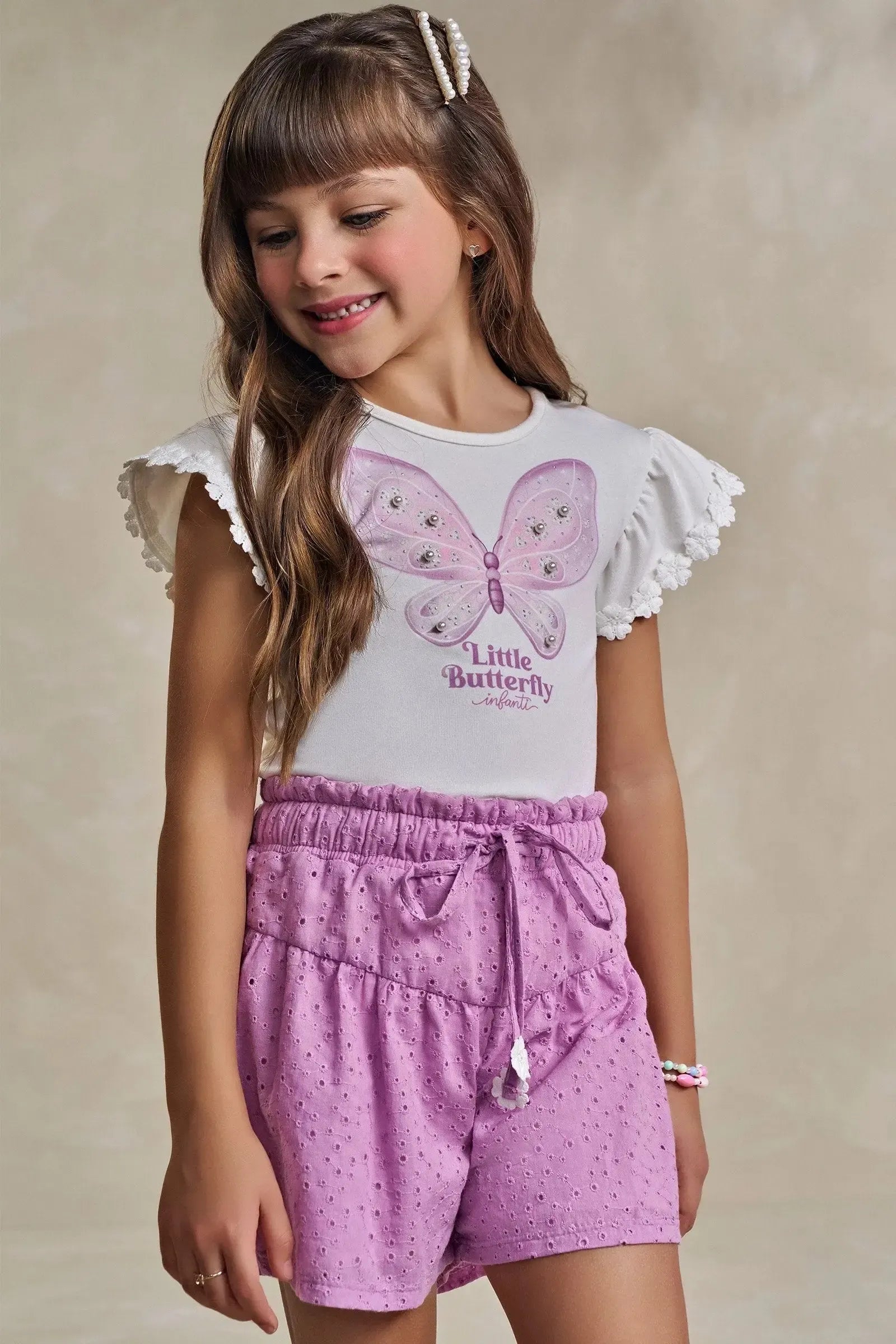 Conjunto de Blusa em Cotton e Shorts em Laise Romantic 93217 Infanti Infantil Menina