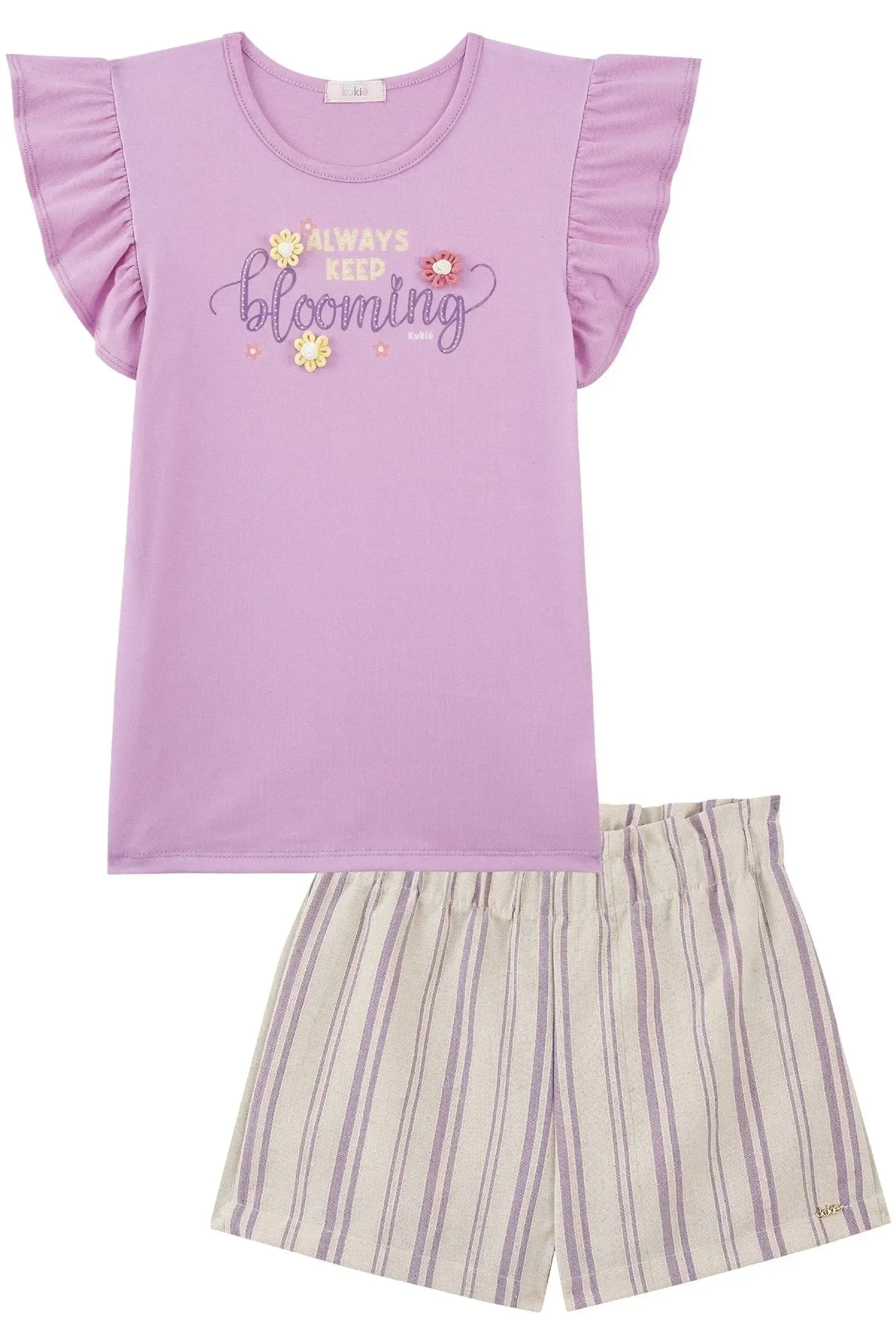 Conjunto de Blusa em Cotton e Shorts em Linho Listrado 93661 Kukiê Infantil Menina