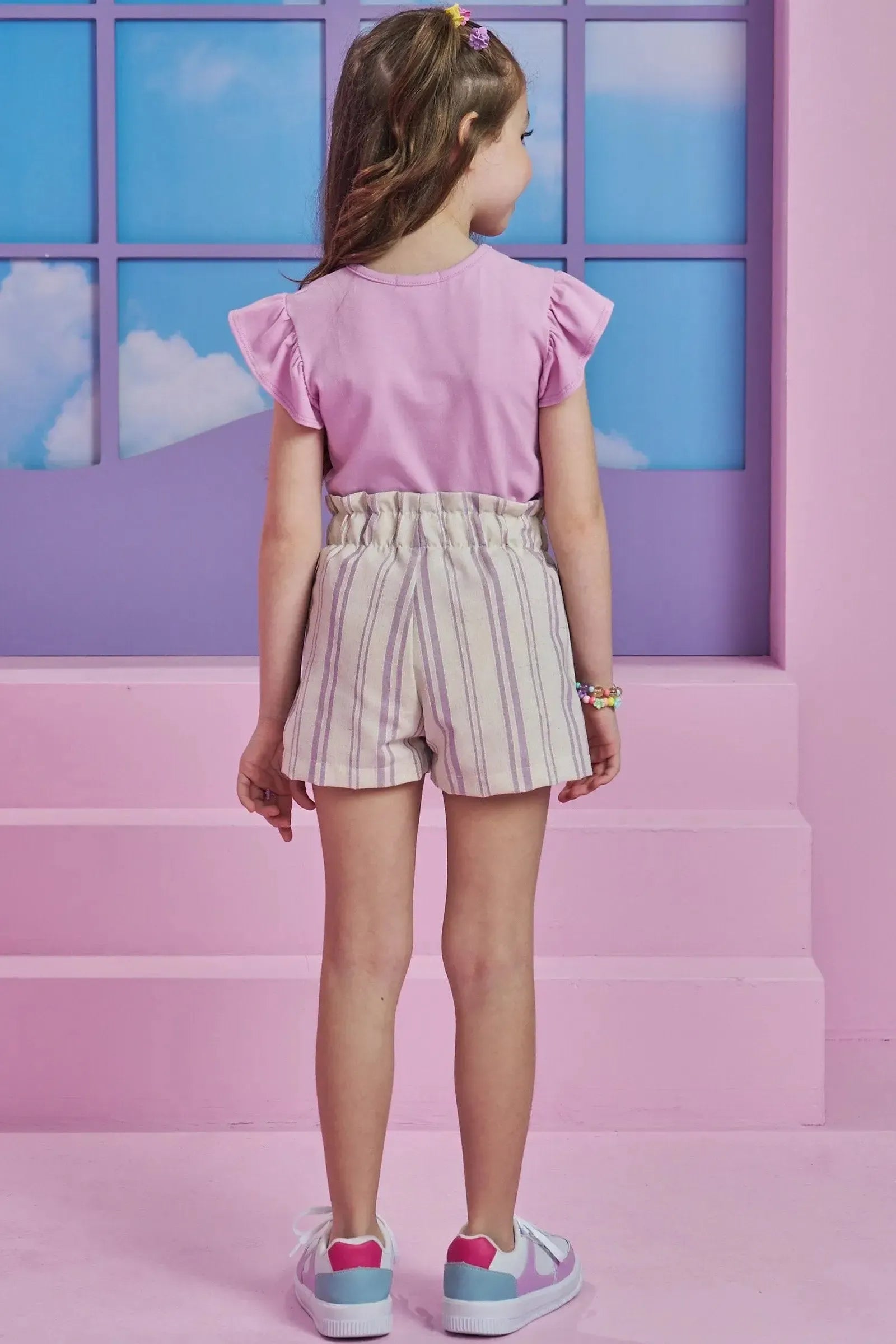 Conjunto de Blusa em Cotton e Shorts em Linho Listrado 93661 Kukiê Infantil Menina