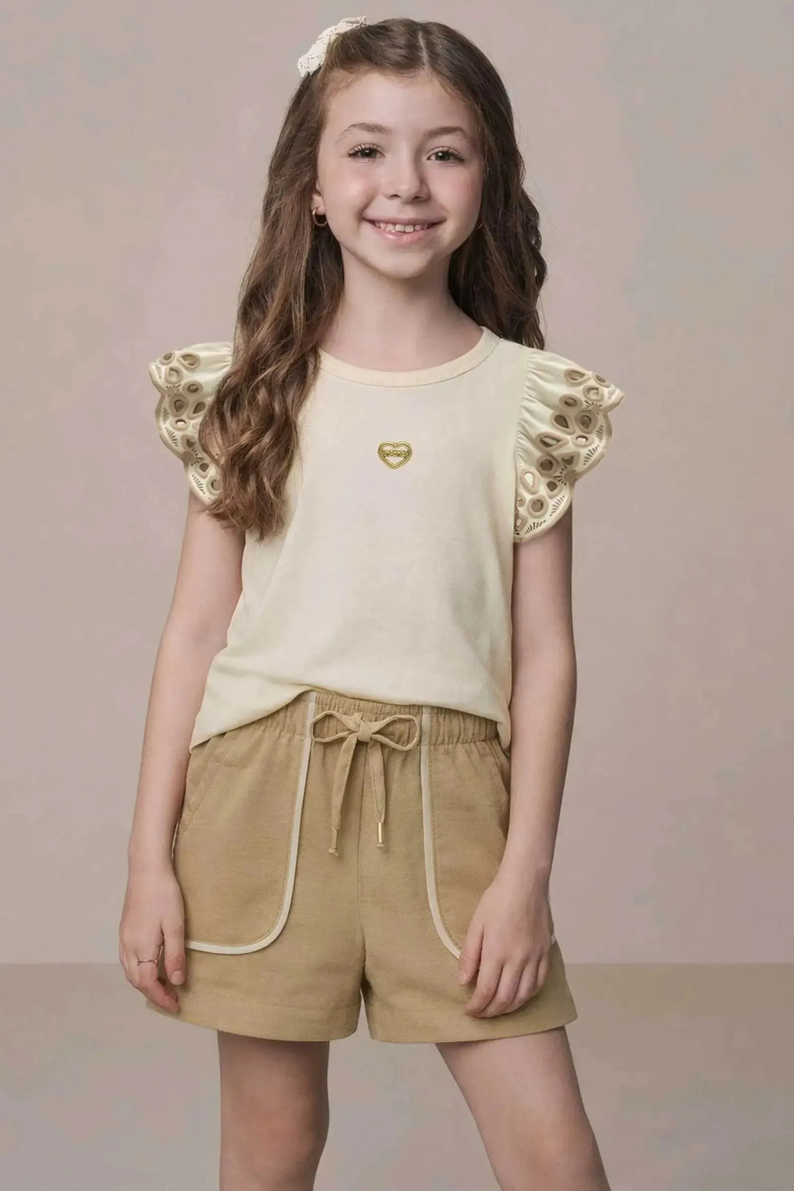 Conjunto de Blusa em Cotton e Shorts em Linho Santorine com Elastano 21727 Infanti Infantil Menina