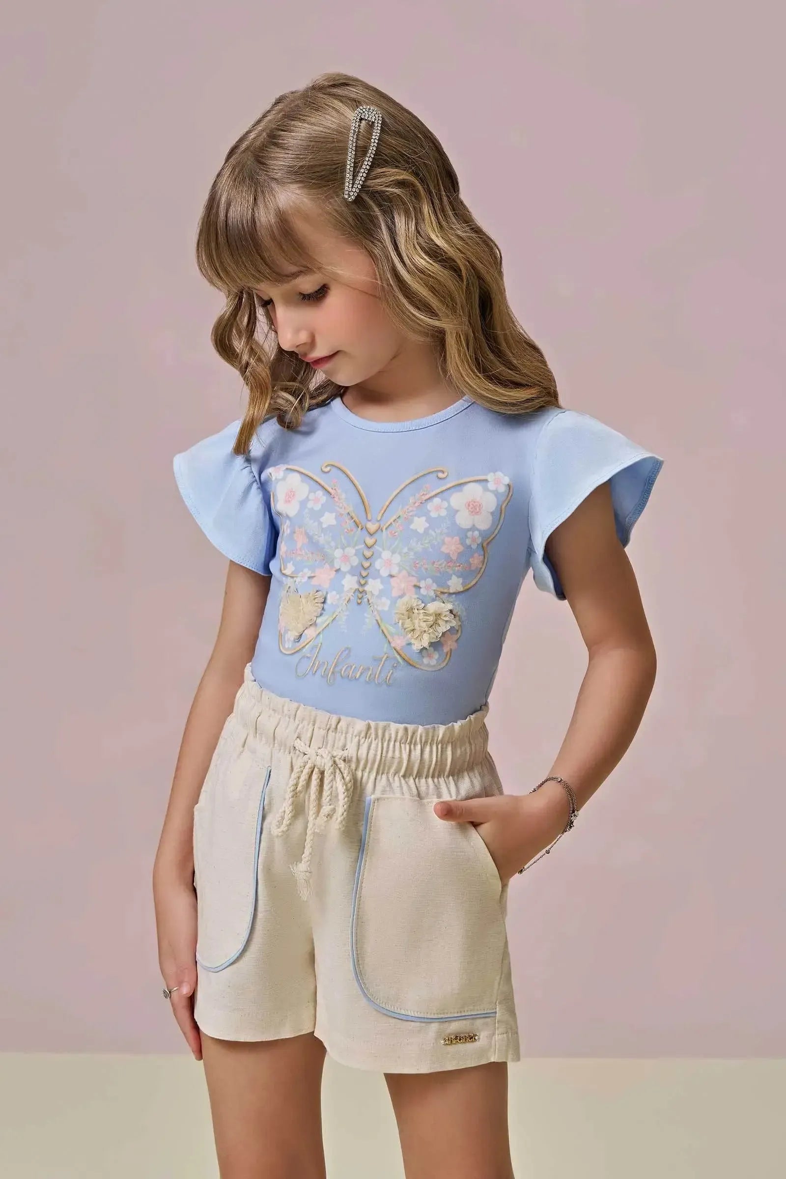 Conjunto de Blusa em Cotton e Shorts em Linho Santorine com Elastano 96279 Infanti Infantil Menina