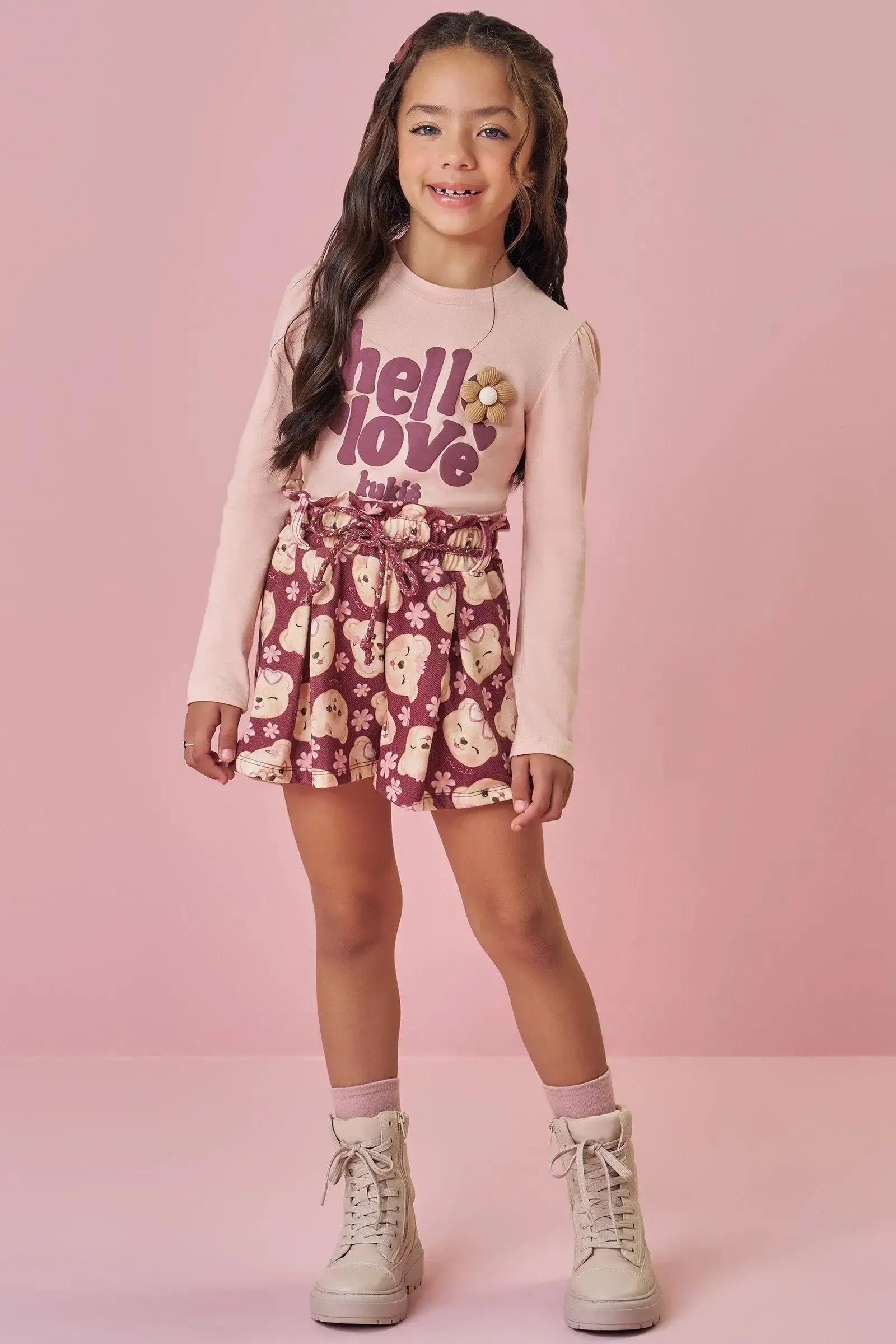 Conjunto de Blusa em Cotton e Shorts em Malha Power 90228 Kukiê Infantil Menina