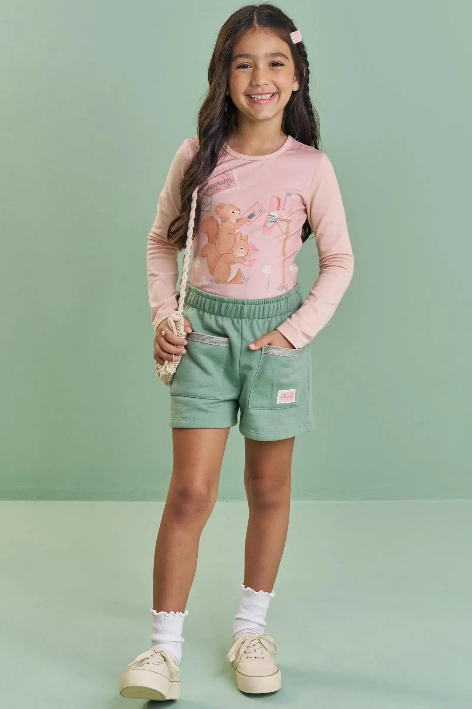 Conjunto de Blusa em Cotton e Shorts em Moletom com Pelúcia 89586 Kukiê Infantil Menina