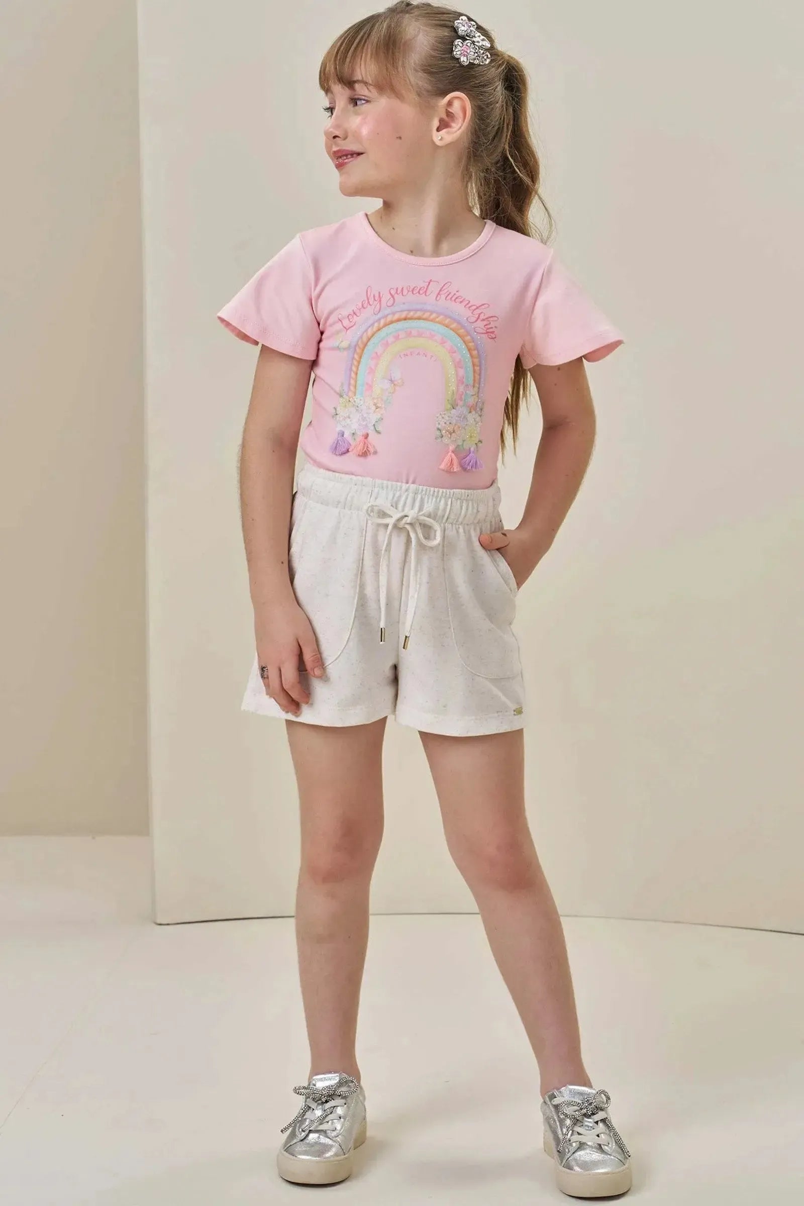 Conjunto de Blusa em Cotton e Shorts em Molevisco 84332 Infanti Infantil Menina