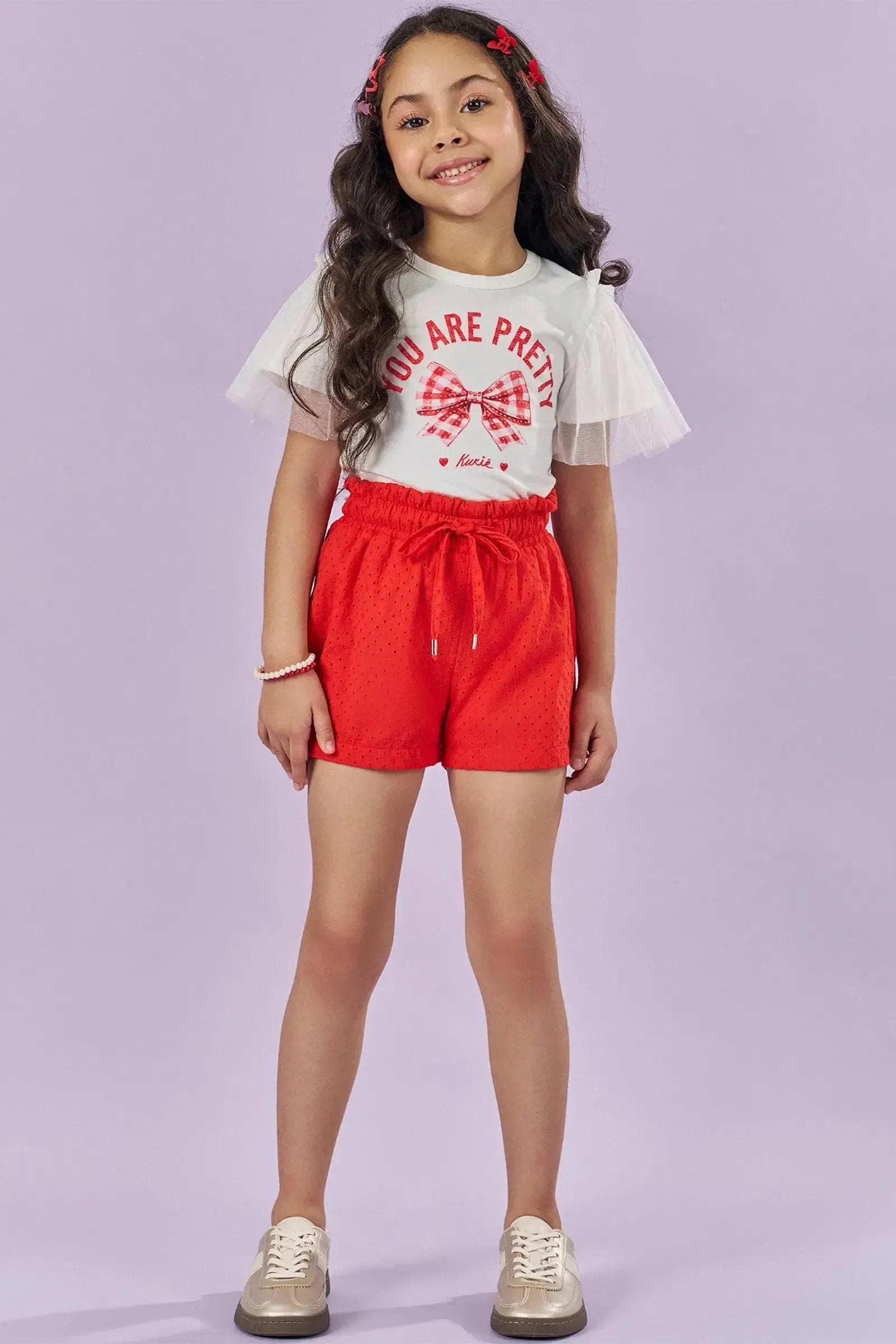 Conjunto de Blusa em Cotton e Shorts em Tecido Laise 83558 Kukiê Infantil Menina