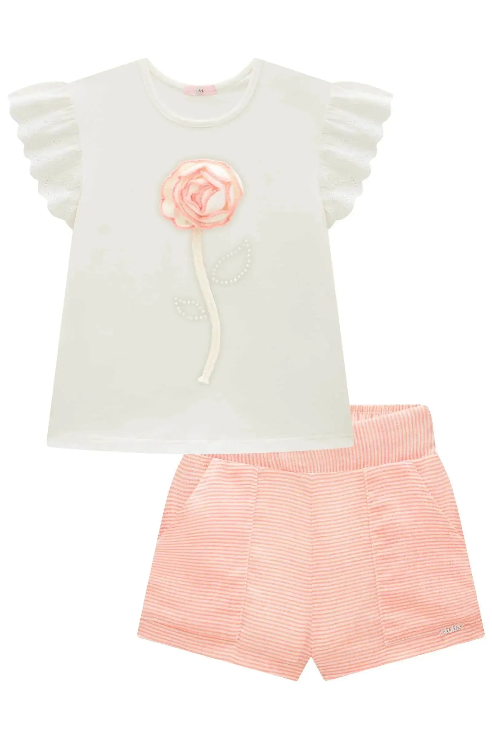Conjunto de Blusa em Cotton e Shorts em Tricoline Listrado 99647 Kukiê Infantil Menina