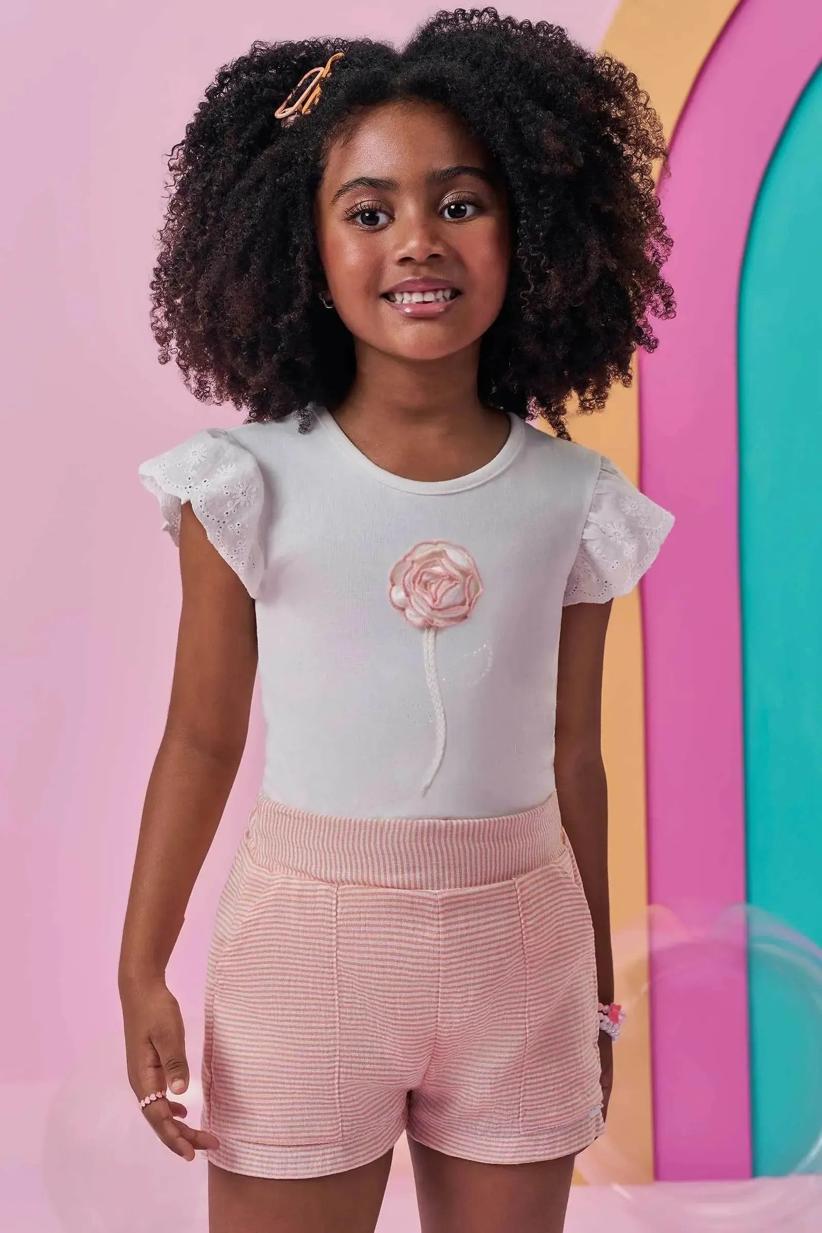 Conjunto de Blusa em Cotton e Shorts em Tricoline Listrado 99647 Kukiê Infantil Menina