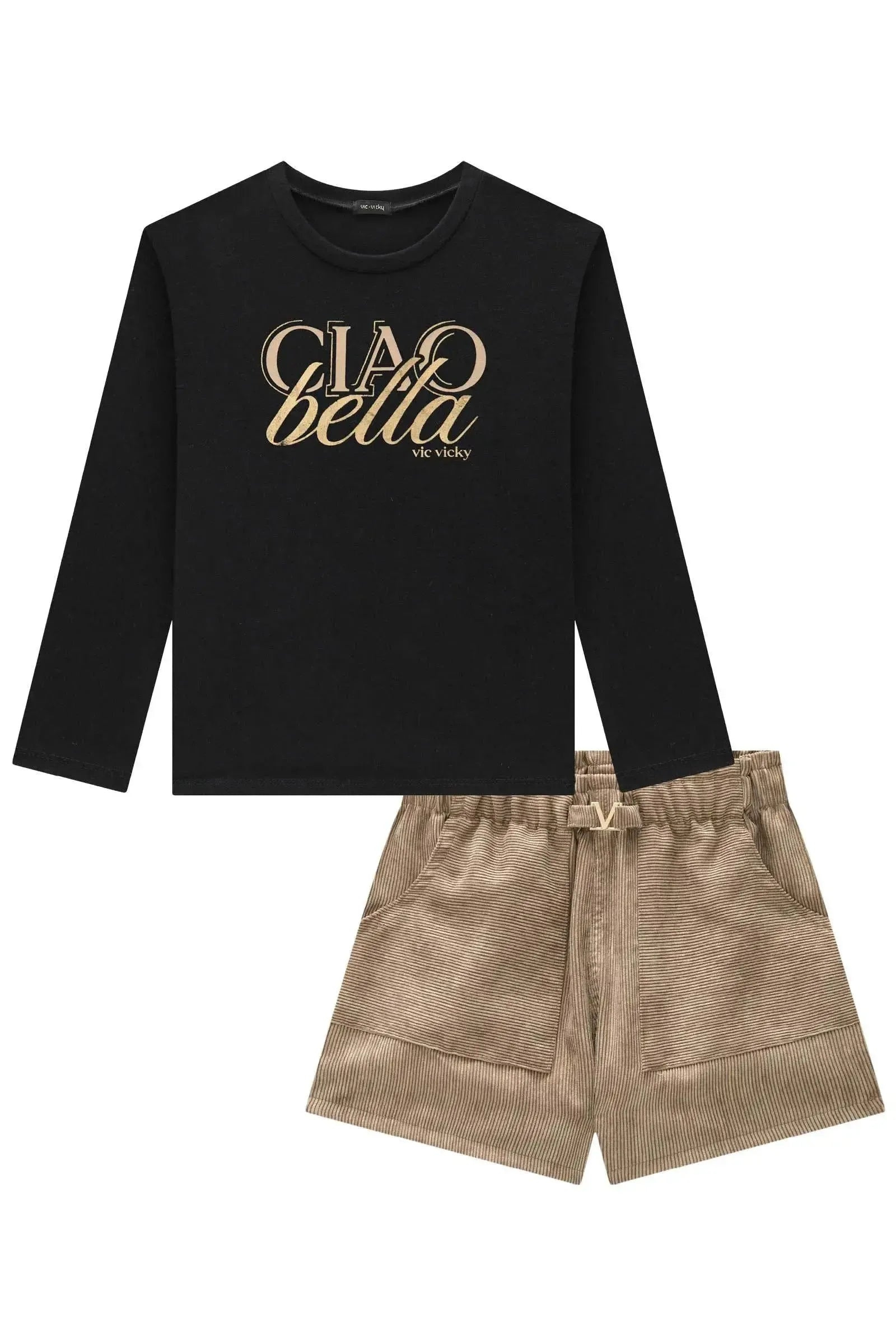 Conjunto de Blusa em Cotton e Shorts em Veludo Cotelê Gold 91977 Vic&Vicky Teen Menina