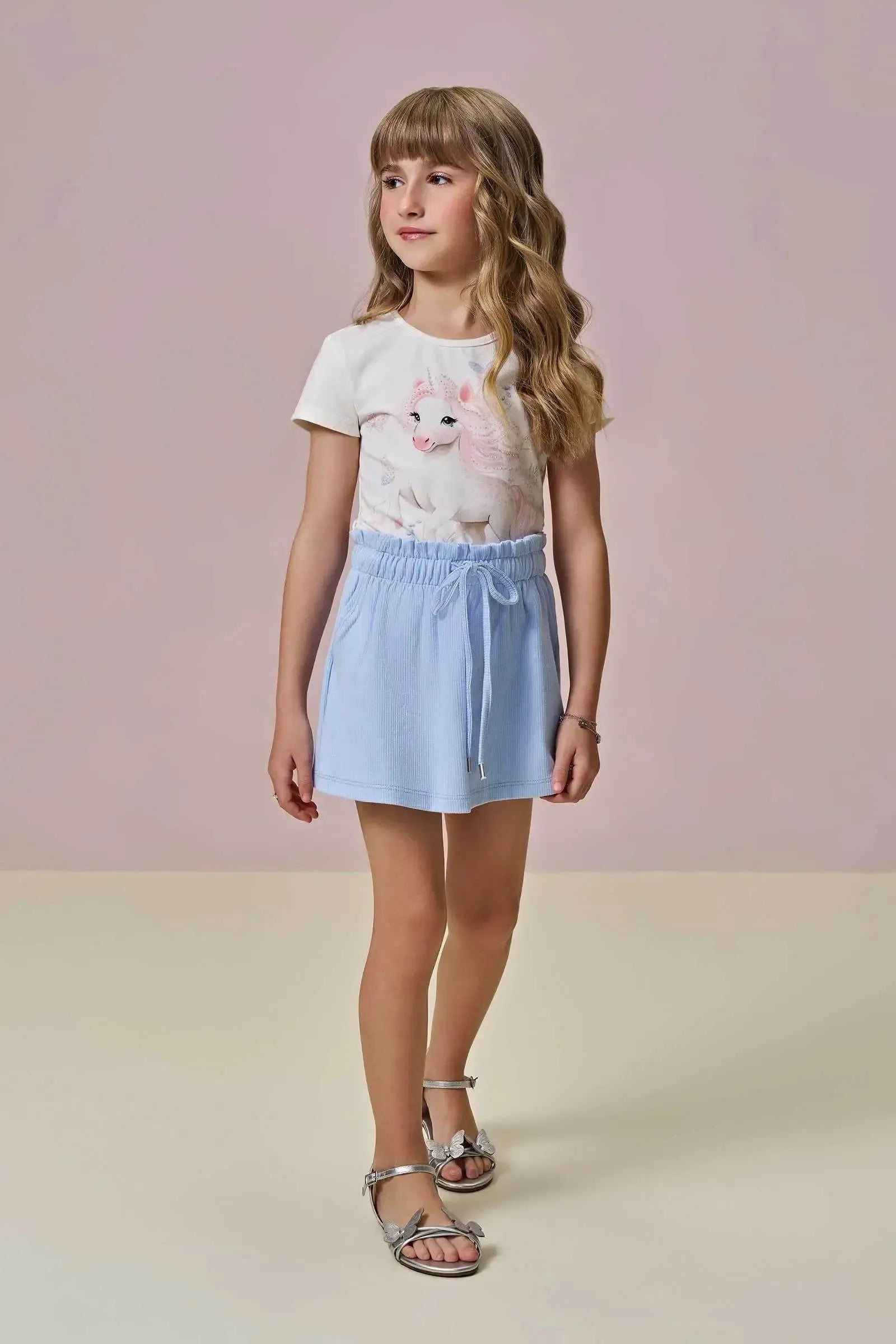 Conjunto de Blusa em Cotton e Shorts Saia em Canelado Liz 96274 Infanti Infantil Menina