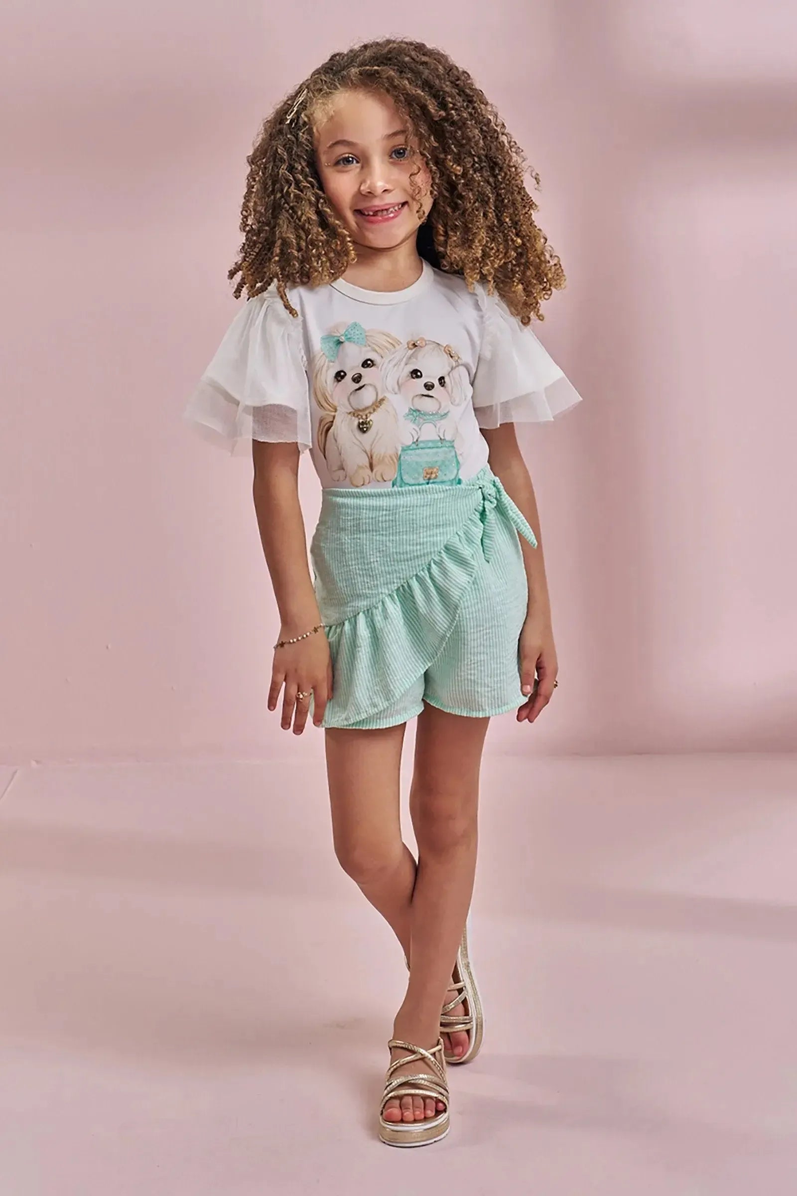 Conjunto de Blusa em Cotton e Shorts Saia em Tricoline Listrado 97131 Kukiê Infantil Menina