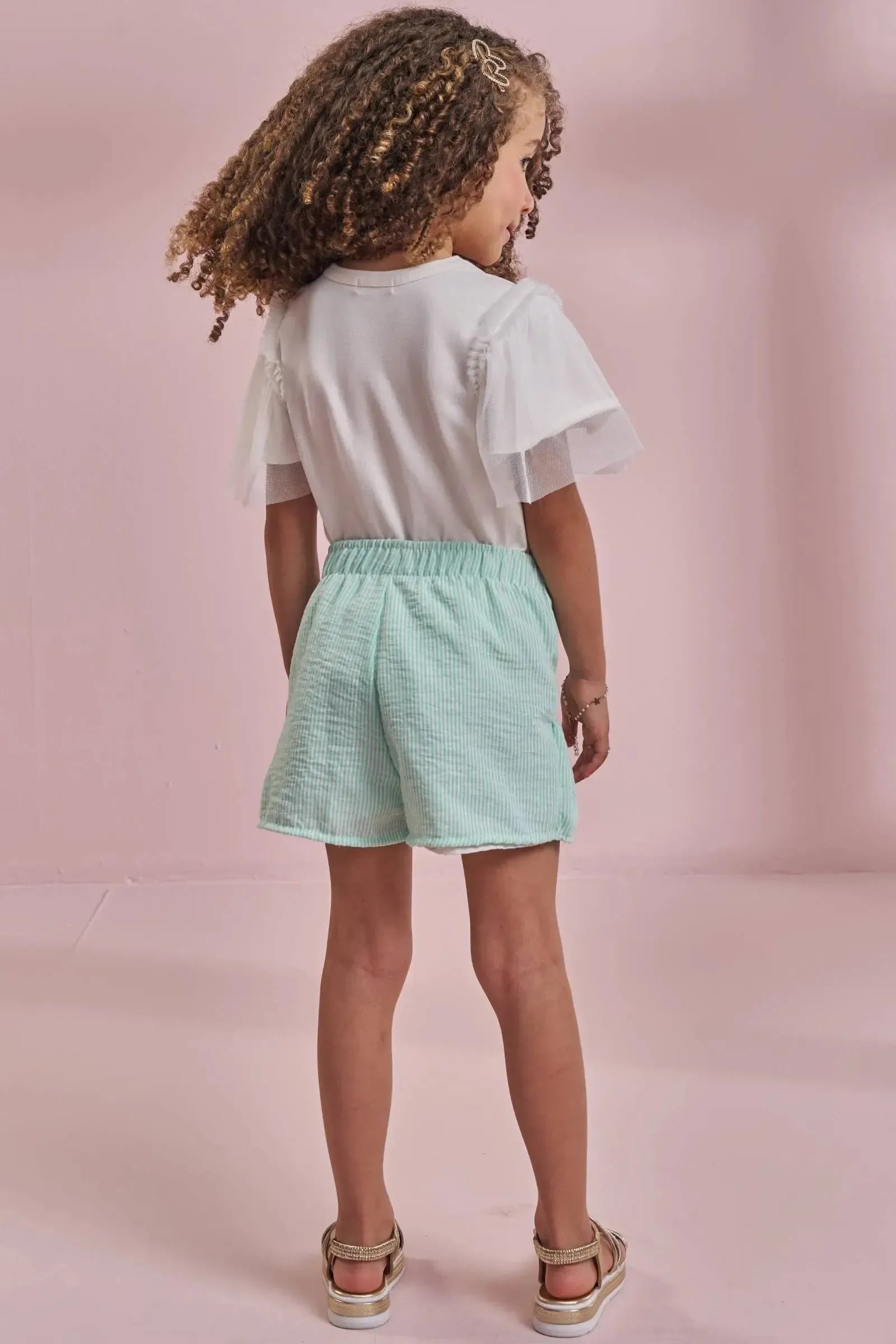 Conjunto de Blusa em Cotton e Shorts Saia em Tricoline Listrado 97131 Kukiê Infantil Menina