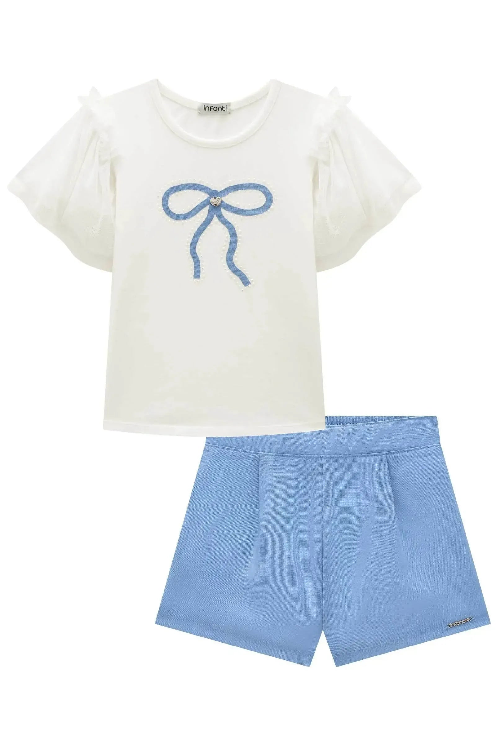 Conjunto de Blusa em Cotton e Tule e Shorts em Blend de Viscose 93231 Infanti Infantil Menina