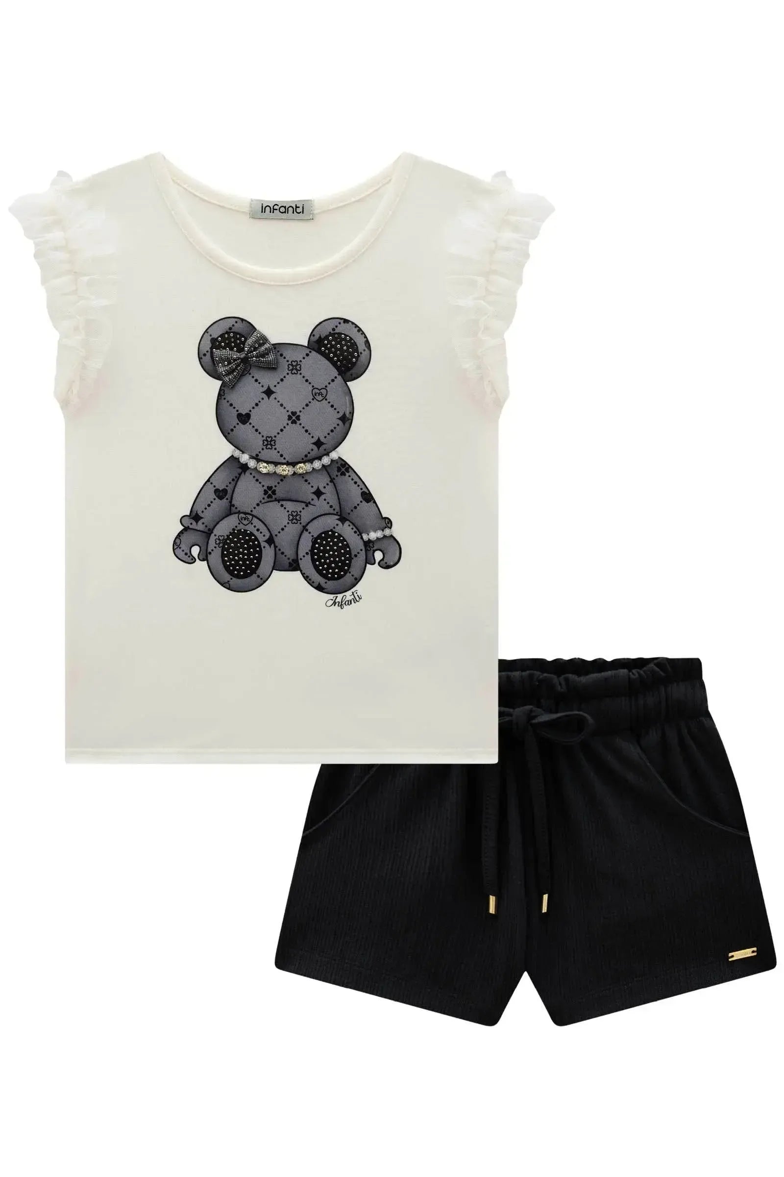 Conjunto de Blusa em Cotton e Tule e Shorts em Malha Jacquard 85599 Infanti Infantil Menina
