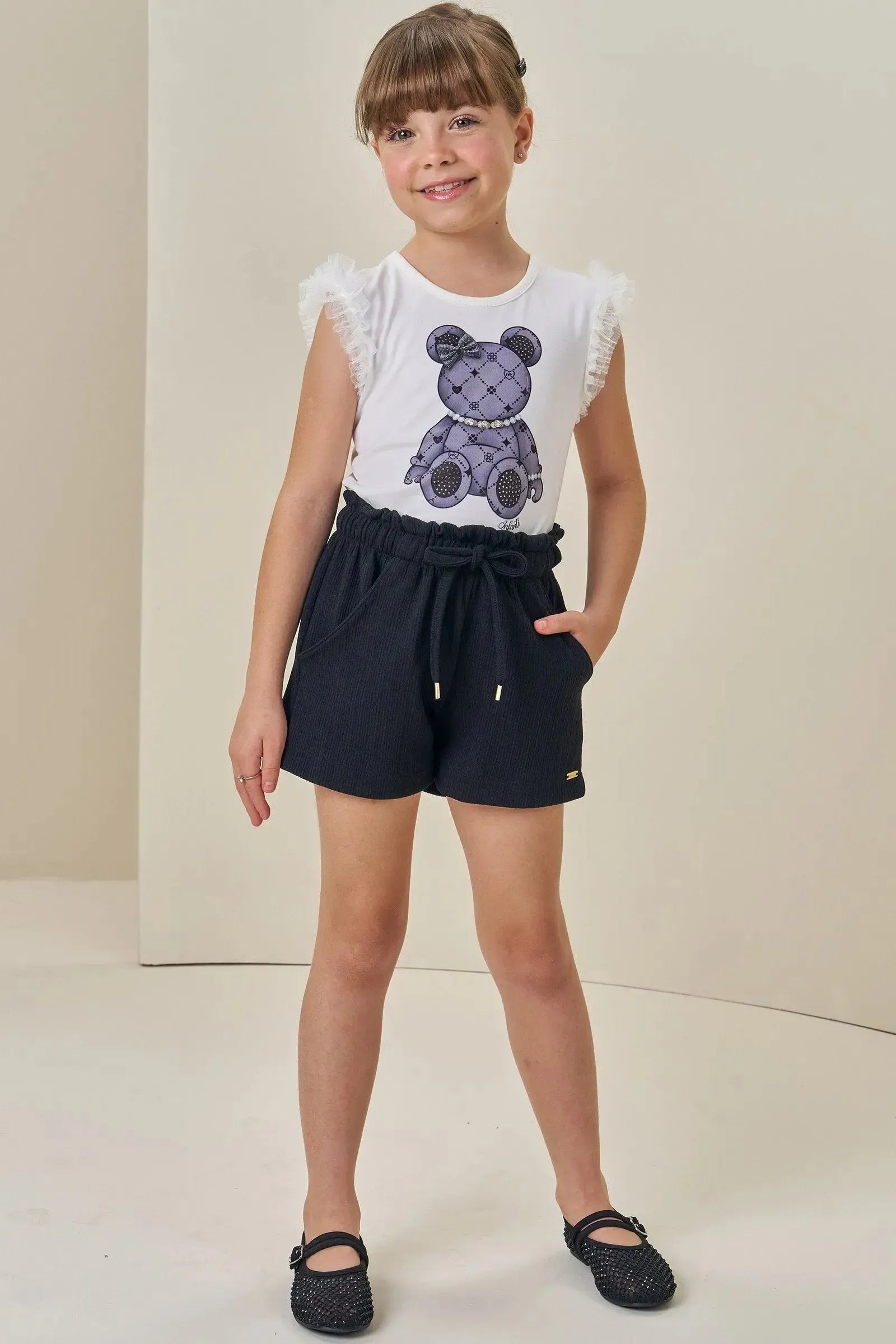 Conjunto de Blusa em Cotton e Tule e Shorts em Malha Jacquard 85599 Infanti Infantil Menina