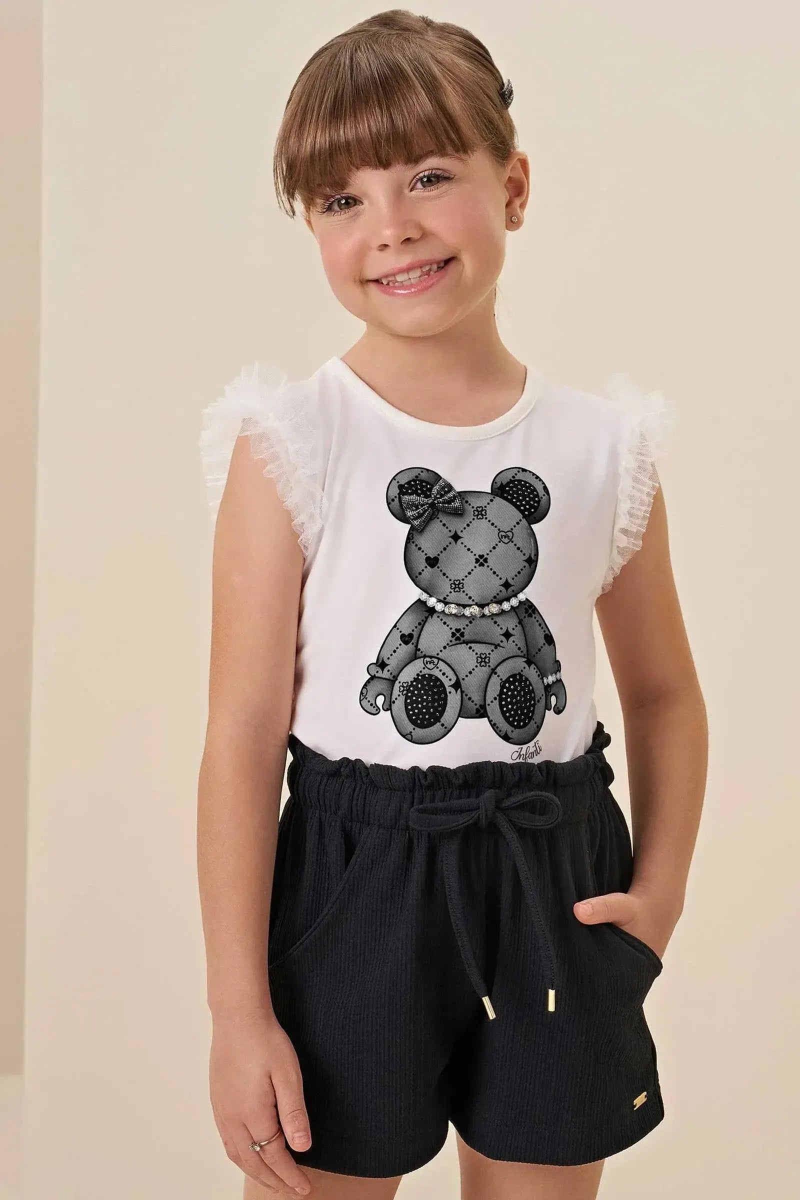 Conjunto de Blusa em Cotton e Tule e Shorts em Malha Jacquard 85599 Infanti Infantil Menina