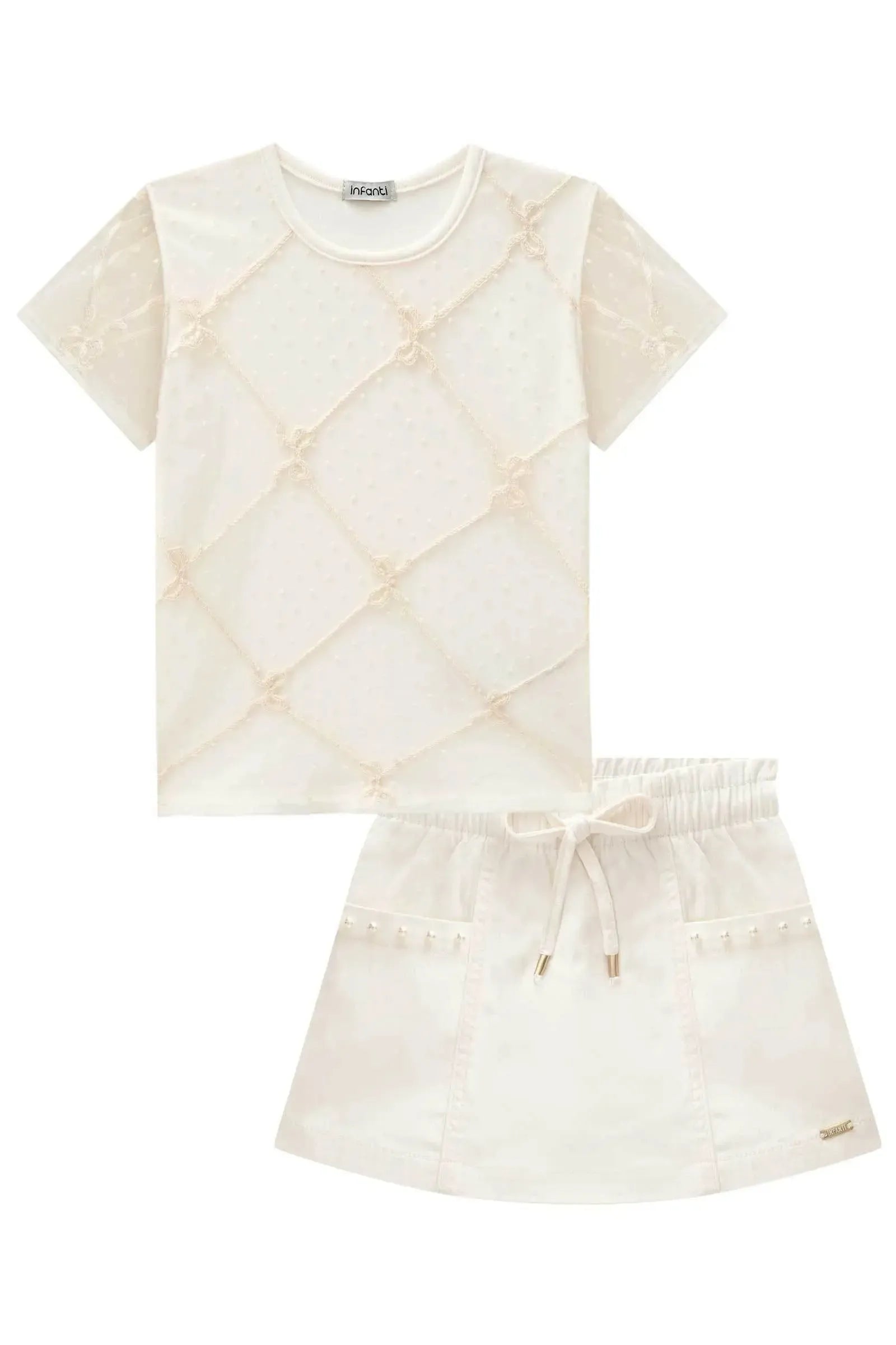Conjunto de Blusa em Cotton e Tule Laços e Short Saia em Sarja com Elastano 84355 Infanti Infantil Menina