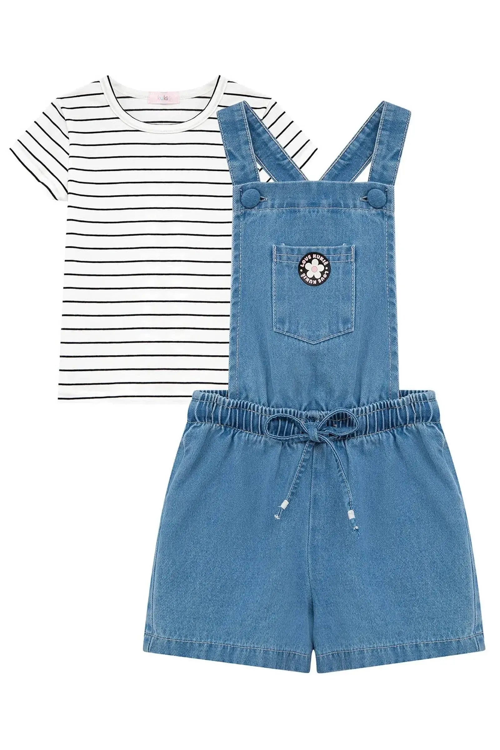 Conjunto de Blusa em Cotton Fio Tinto e Jardineira em Jeans 97130 Kukiê Infantil Menina