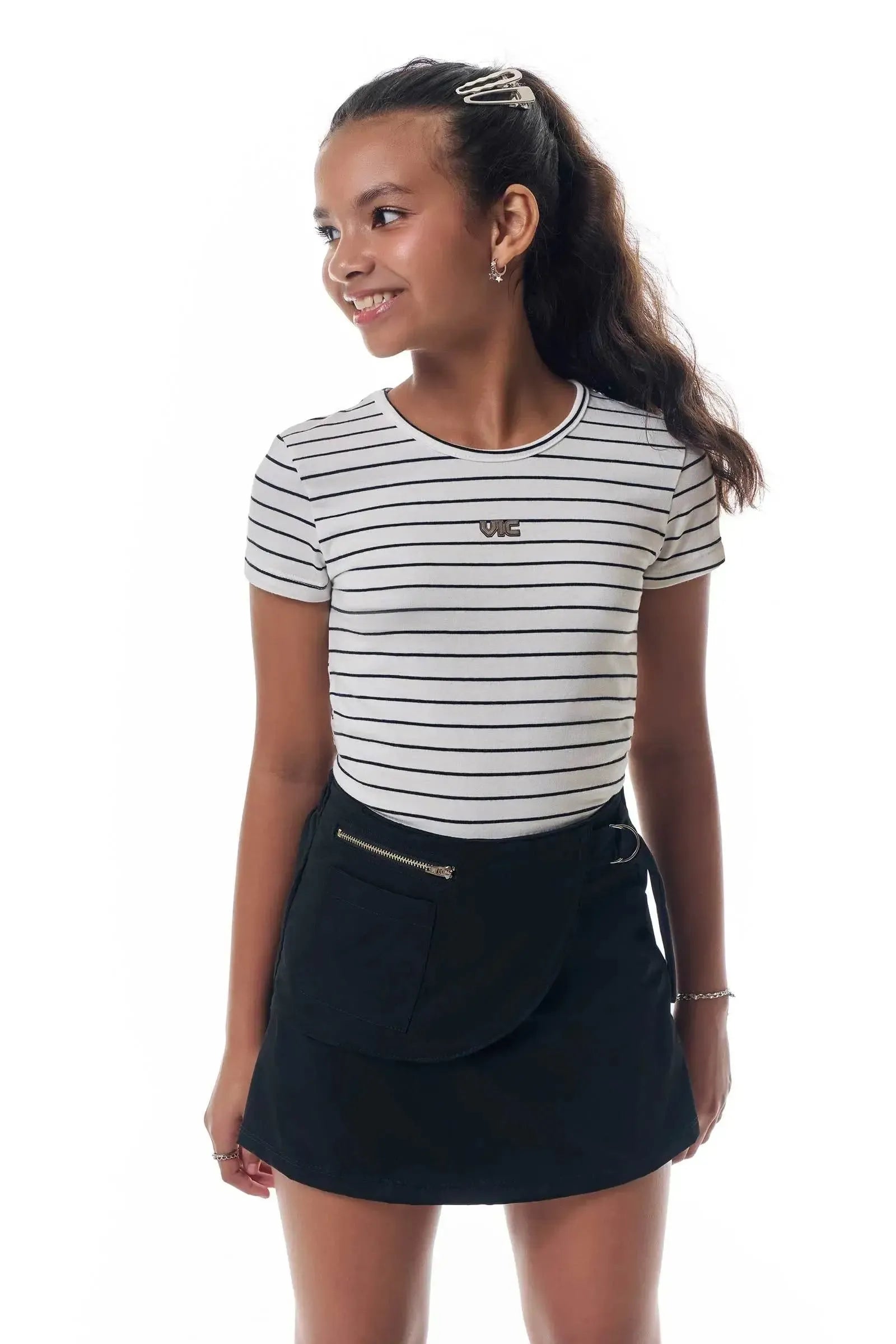 Conjunto de Blusa em Cotton Fio Tinto e Short Saia em Alfaiataria Tecno Cargo 95963 Vic&Vicky Teen Menina