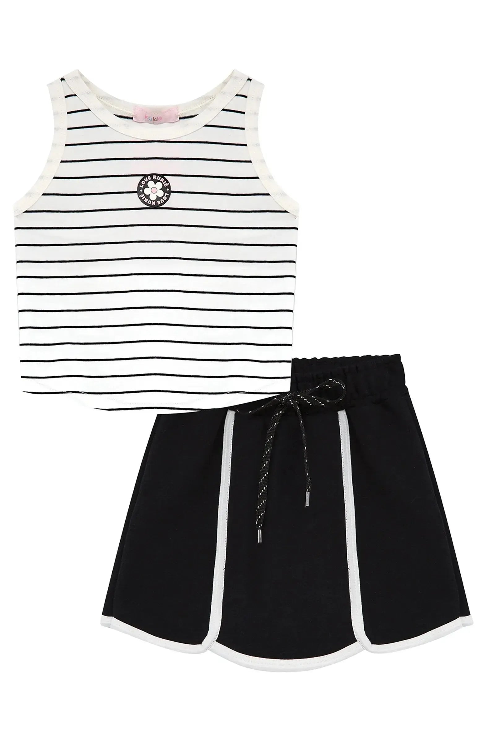 Conjunto de Blusa em Cotton Fio Tinto e Short Saia em Moletom sem Pelúcia 95316 Kukiê Infantil Menina