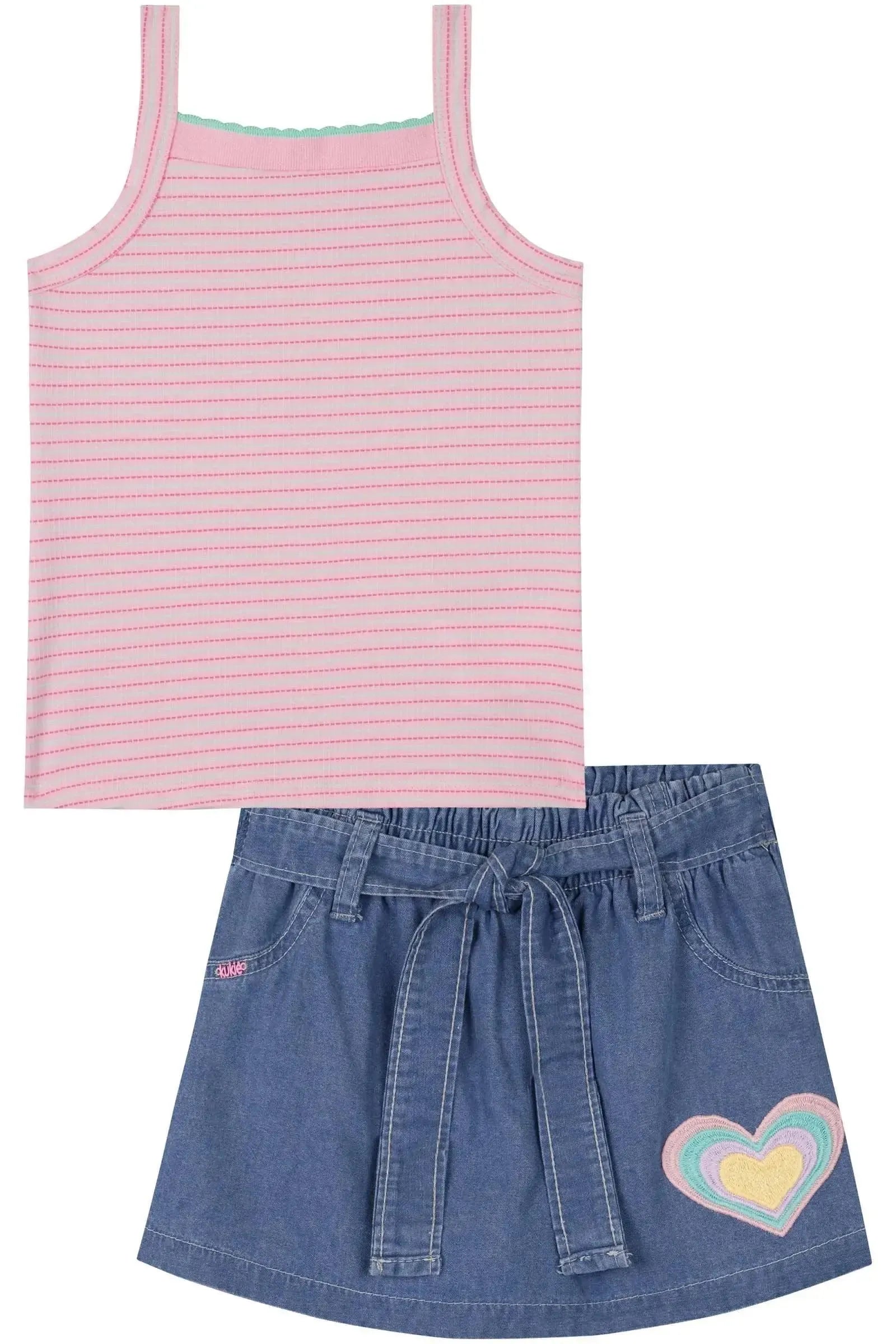 Conjunto de Blusa em Cotton Listrado e Short Saia em Jeans com Elastano 83550 Kukiê Infantil Menina
