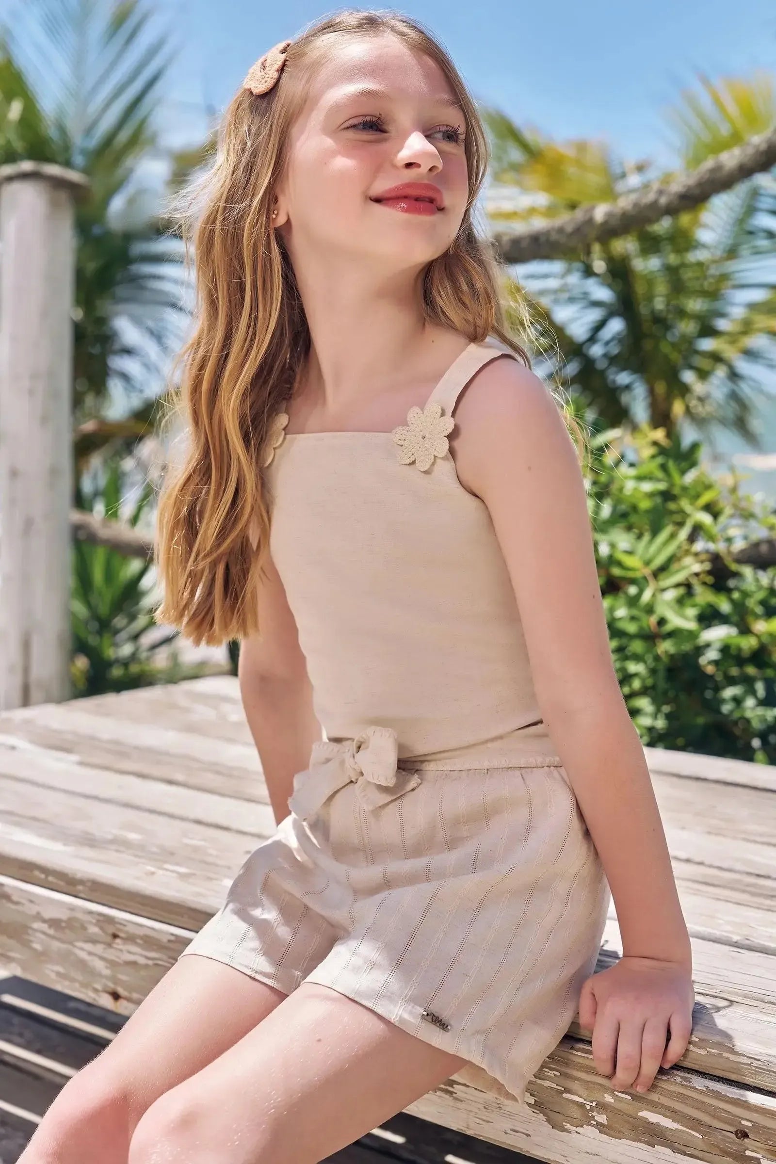 Conjunto de Blusa em Linho Deluxe e Shorts em Blend de Linho Bordado 96497 Infanti Infantil Menina