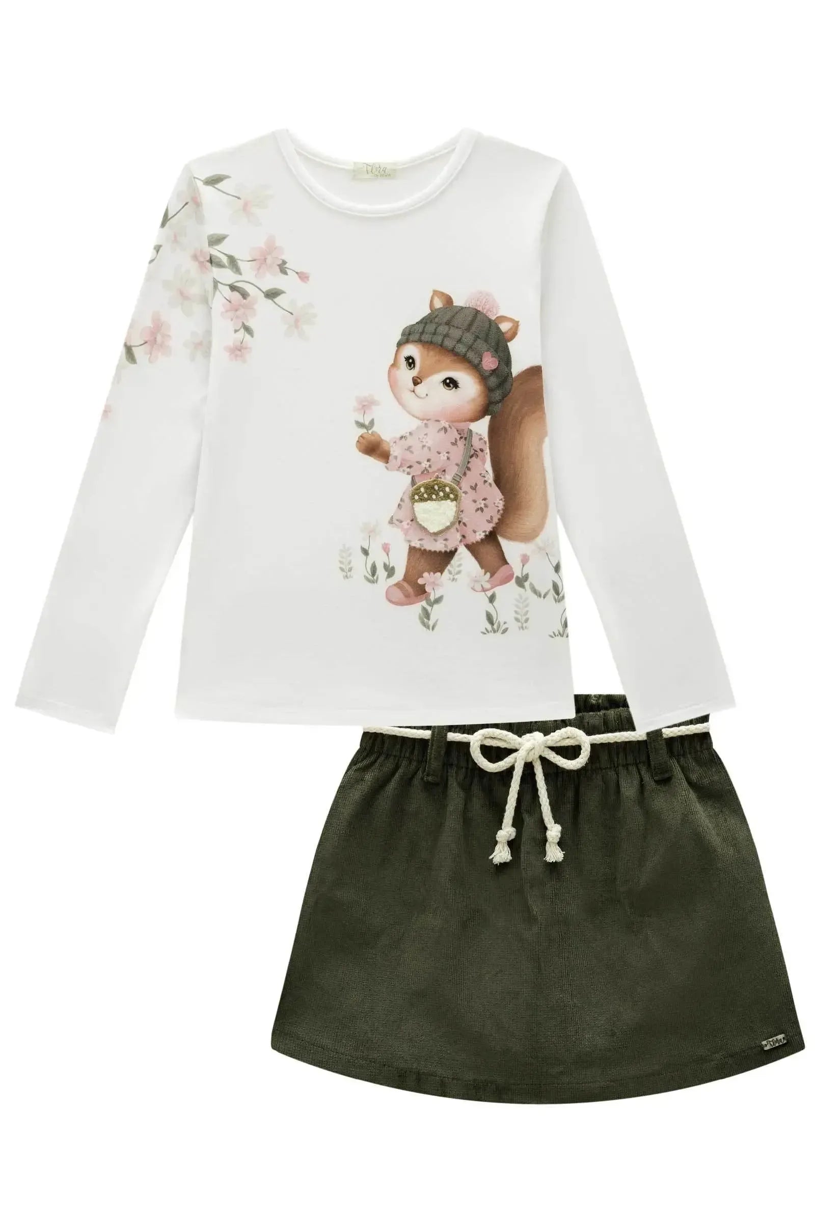 Conjunto de Blusa em Malha Comfy com Short Saia em Veludo Cotelê 92415 Infanti Infantil Menina