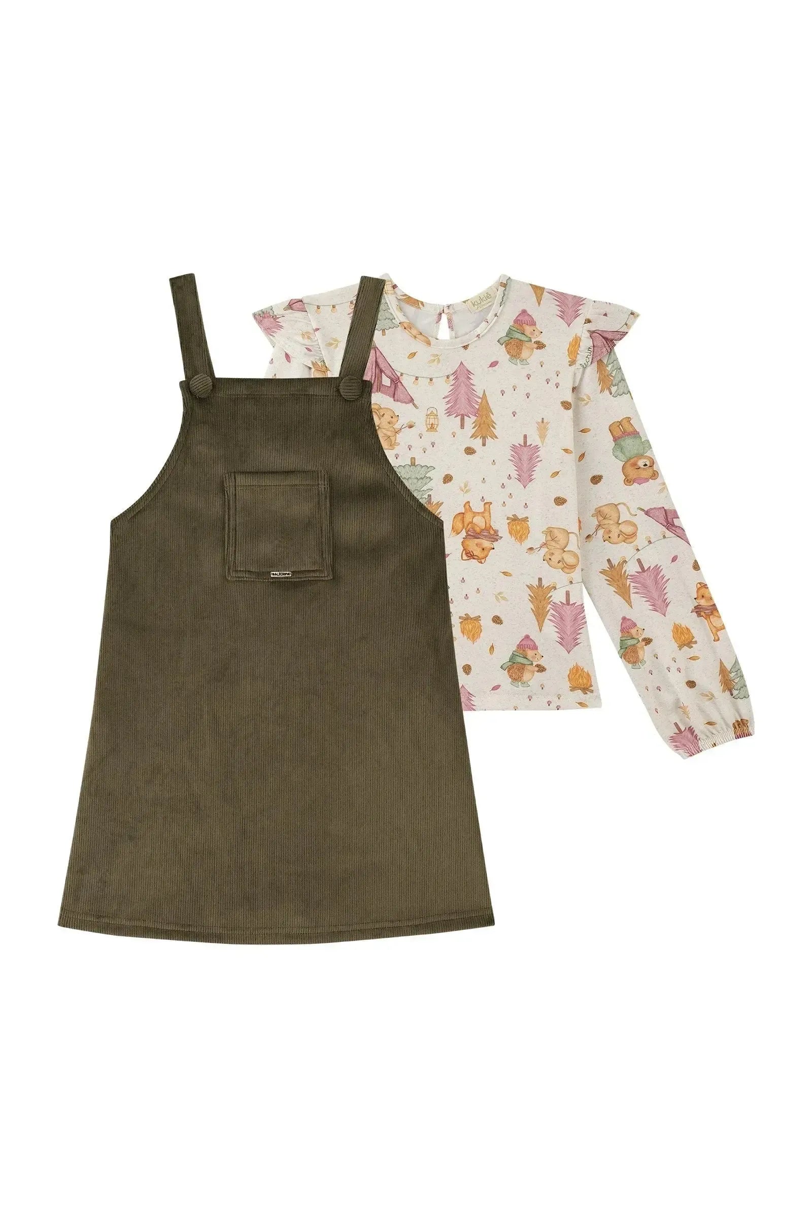 Conjunto de Blusa em Malha Comfy e Salopete em Cotelê Suede 89912 Kukiê Infantil Menina