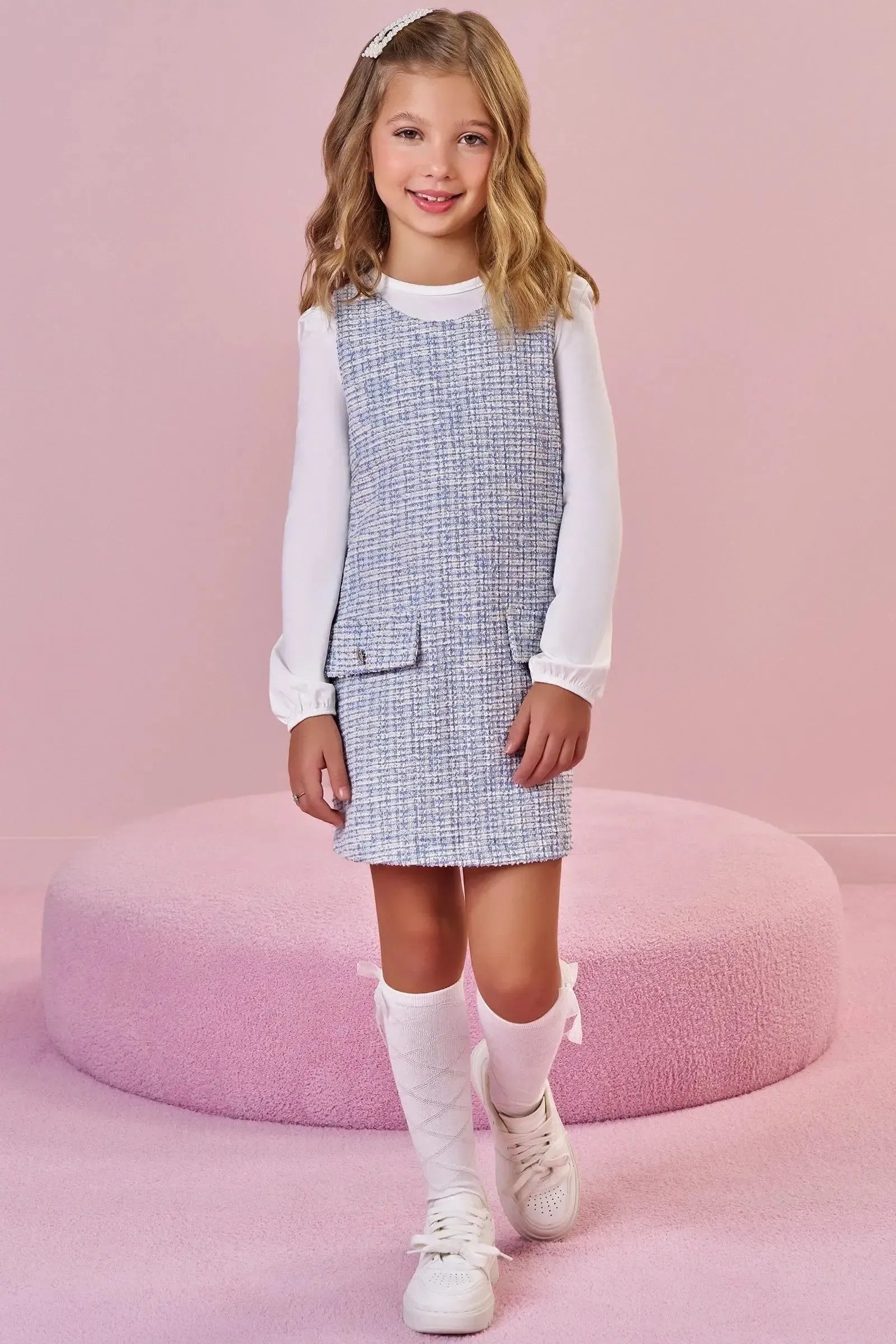 Conjunto de Blusa em Malha Comfy e Salopete em Malha Tweed 89662 Infanti Infantil Menina