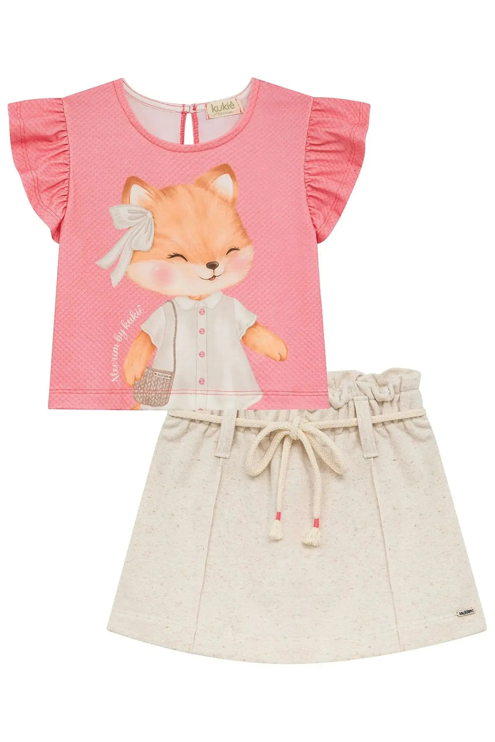Conjunto de Blusa em Malha Fresh e Short Saia em Moletom sem Pelúcia 94783 Kukiê Infantil Menina