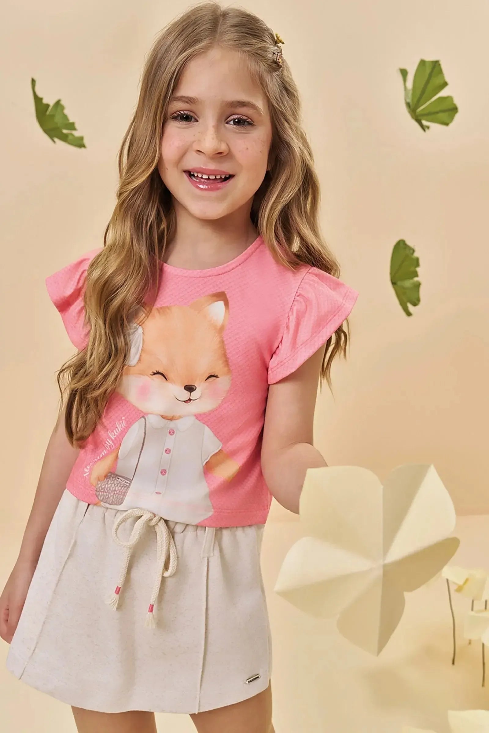 Conjunto de Blusa em Malha Fresh e Short Saia em Moletom sem Pelúcia 94783 Kukiê Infantil Menina