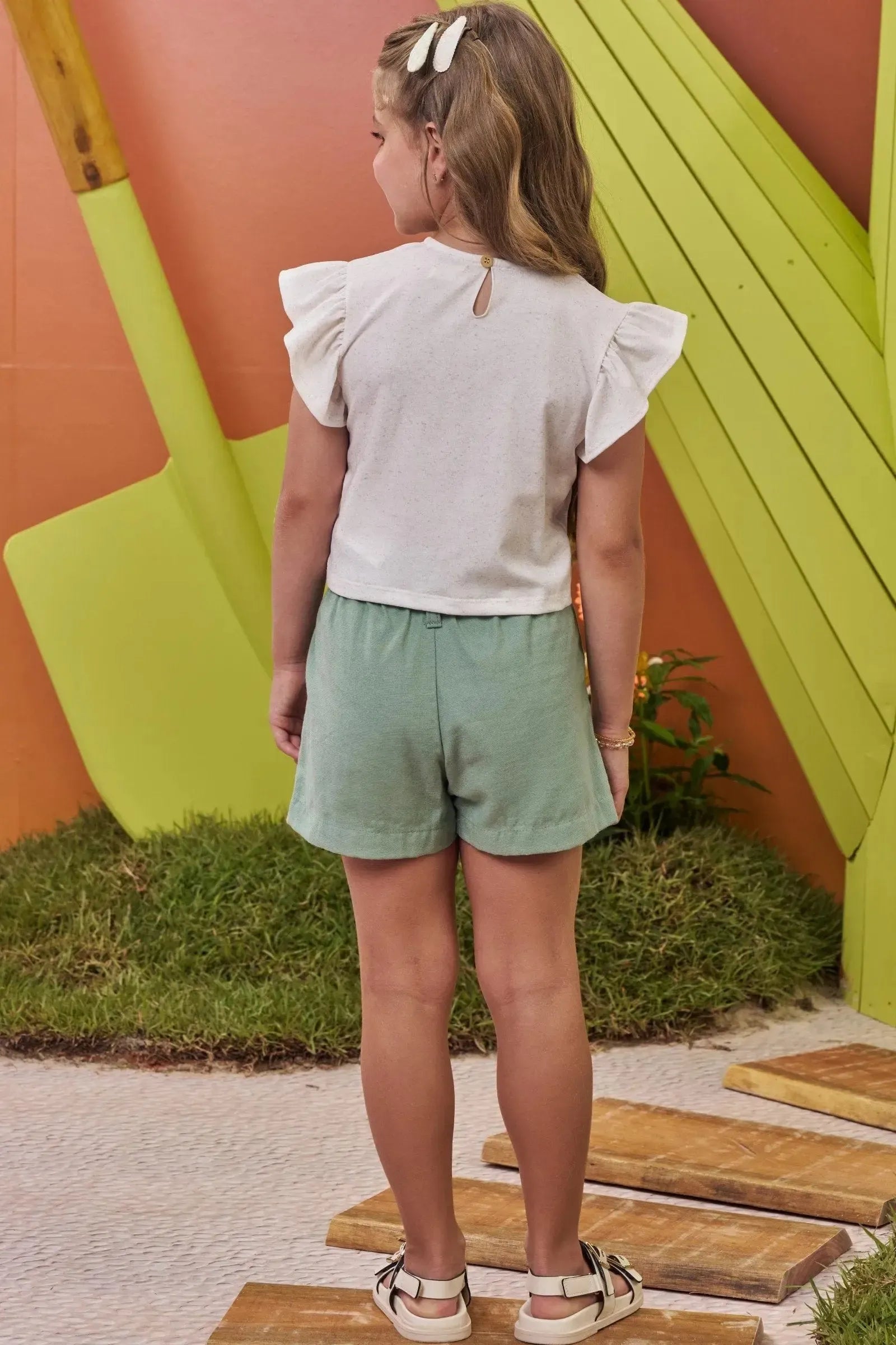 Conjunto de Blusa em Malha Fresh e Shorts em Linho Santorini com Elastano 99707 Kukiê Infantil Menina