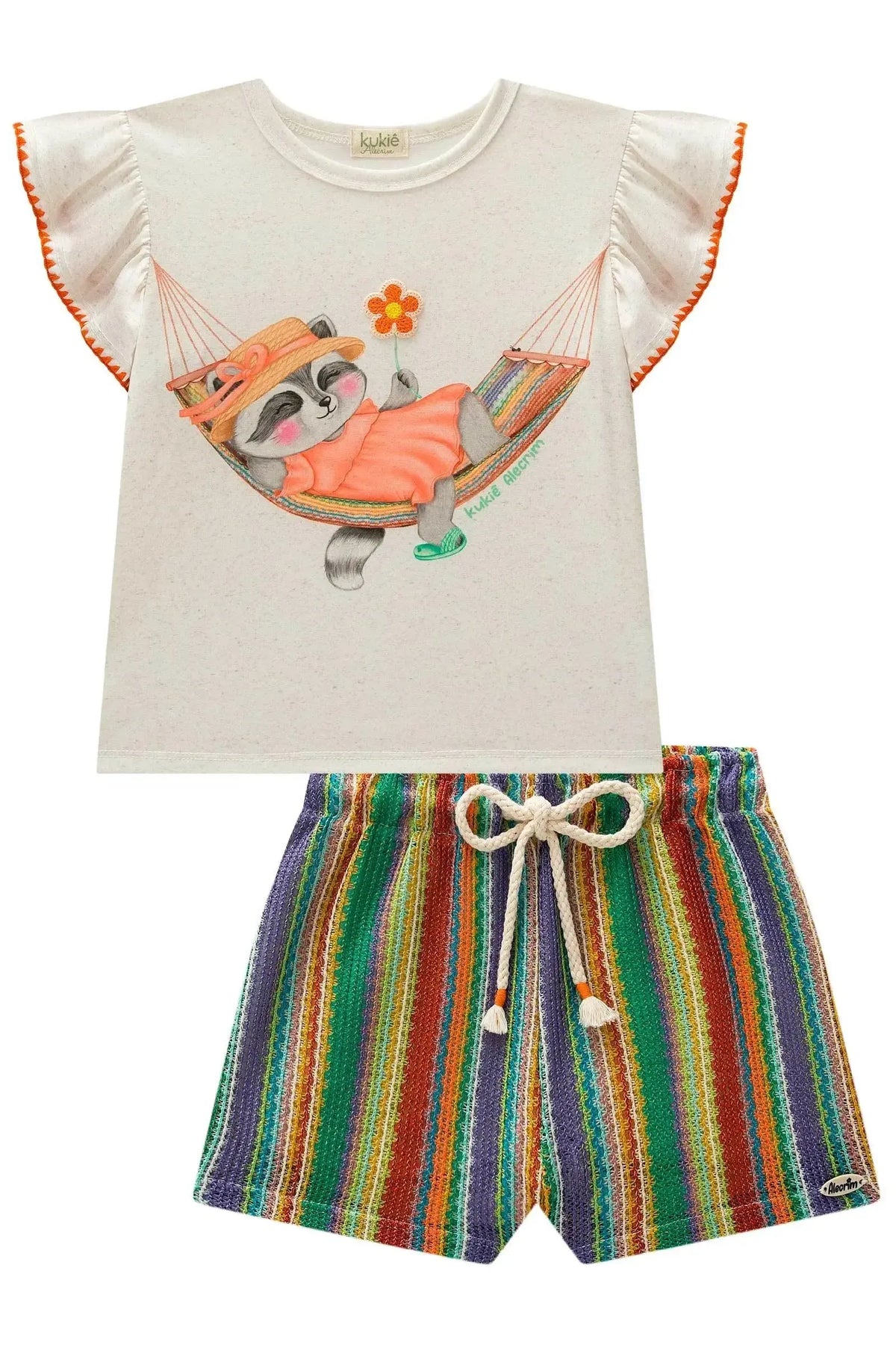 Conjunto de Blusa em Malha Fresh e Shorts em Tecido Tricô 98012 Kukiê Infantil Menina