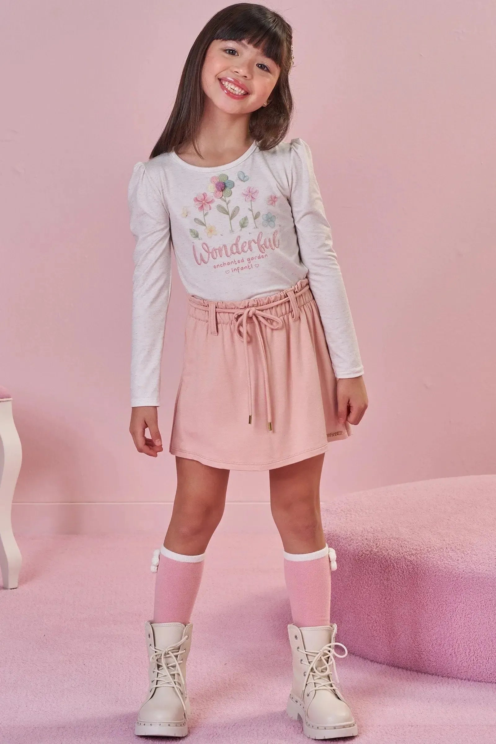 Conjunto de Blusa em Malha Power com Short Saia em Molevisco 92146 Infanti Infantil Menina