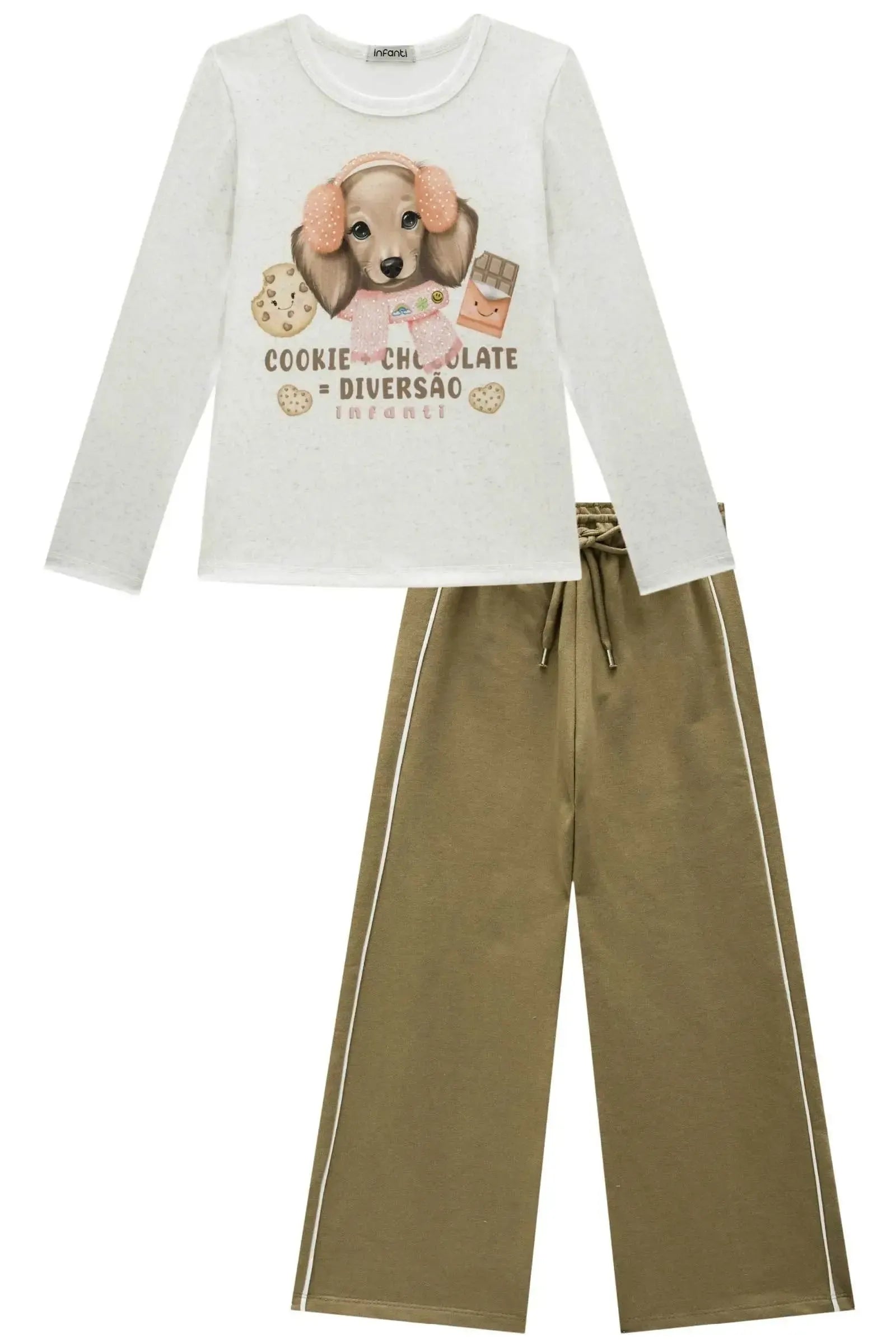Conjunto de Blusa em Malha Power e Calça Wide Leg em Moletom sem Pelúcia 92504 Infanti Infantil Menina