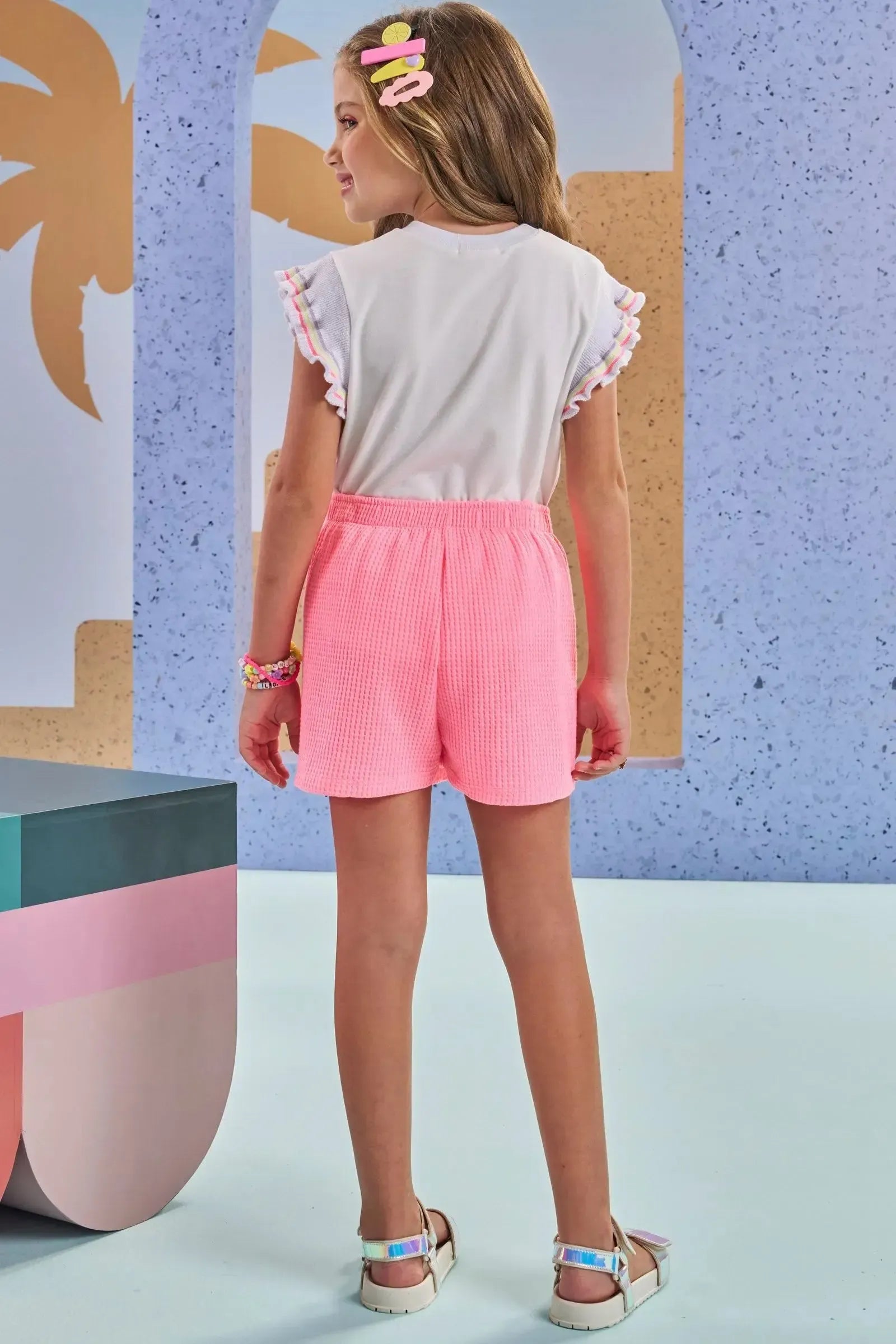 Conjunto de Blusa em Malha Power e Short Saia em Malha Big Waflfe 87310 Kukiê Infantil Menina