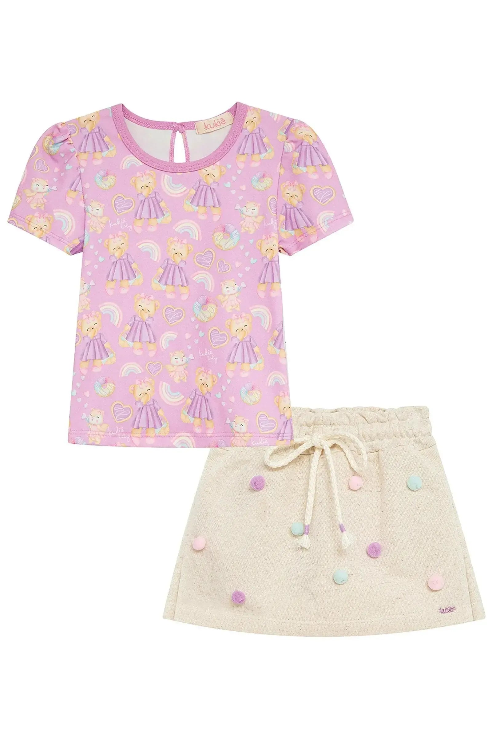 Conjunto de Blusa em Malha Power e Short Saia em Moletom sem Pelúcia 94198 Kukiê Infantil Menina