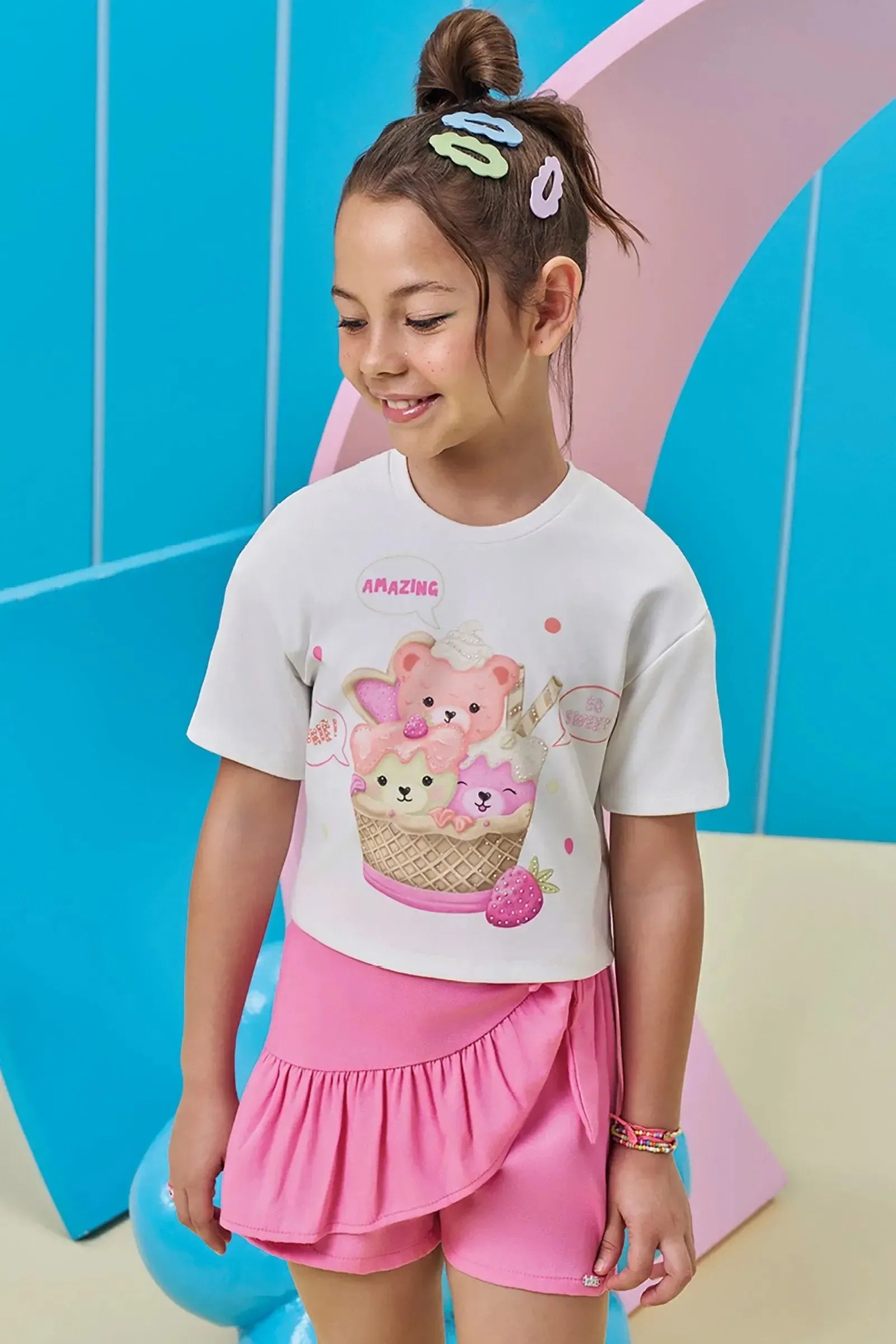 Conjunto de Blusa em Malha Power e Short Saia em Tecido de Viscose 93649 Kukiê Infantil Menina