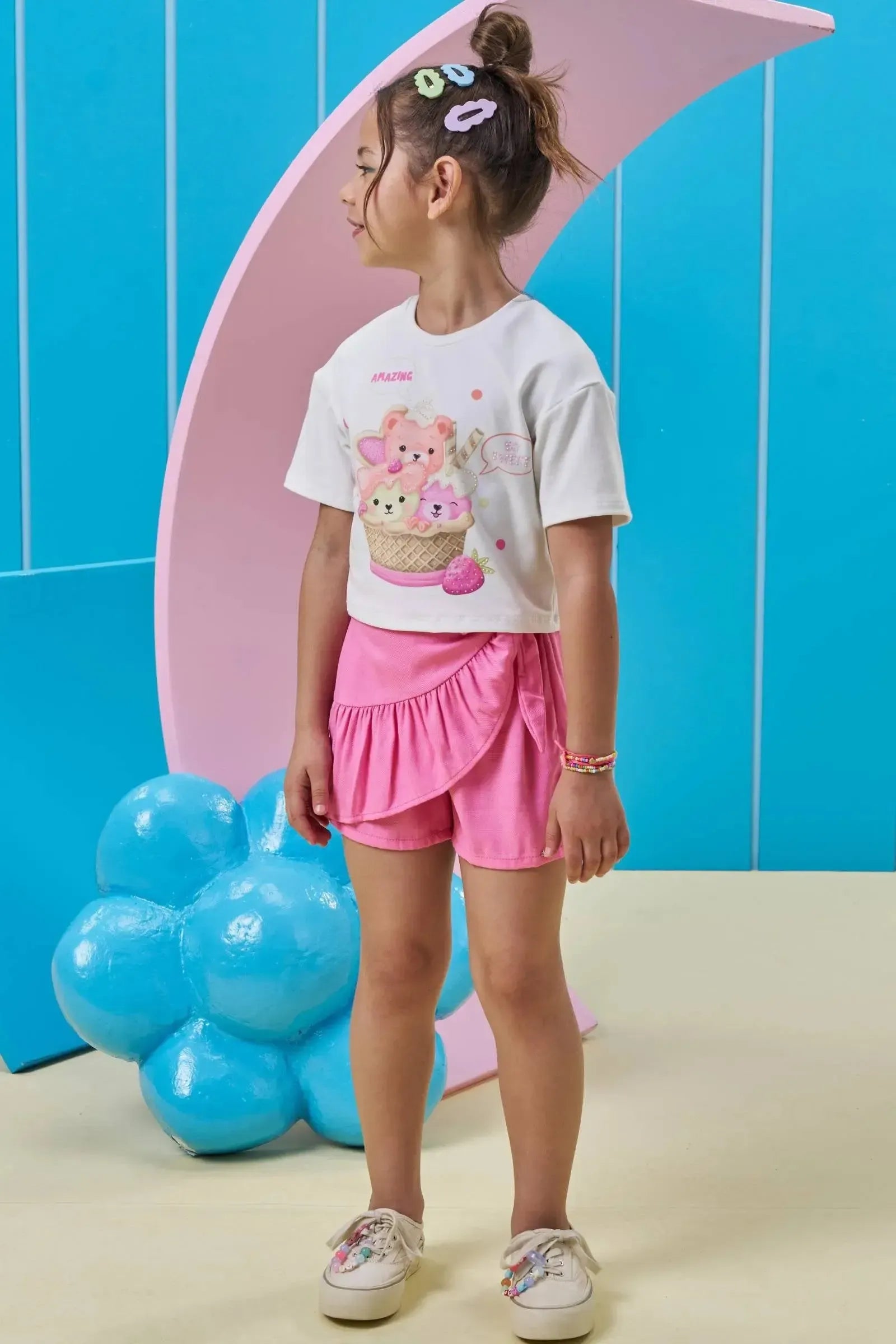 Conjunto de Blusa em Malha Power e Short Saia em Tecido de Viscose 93649 Kukiê Infantil Menina