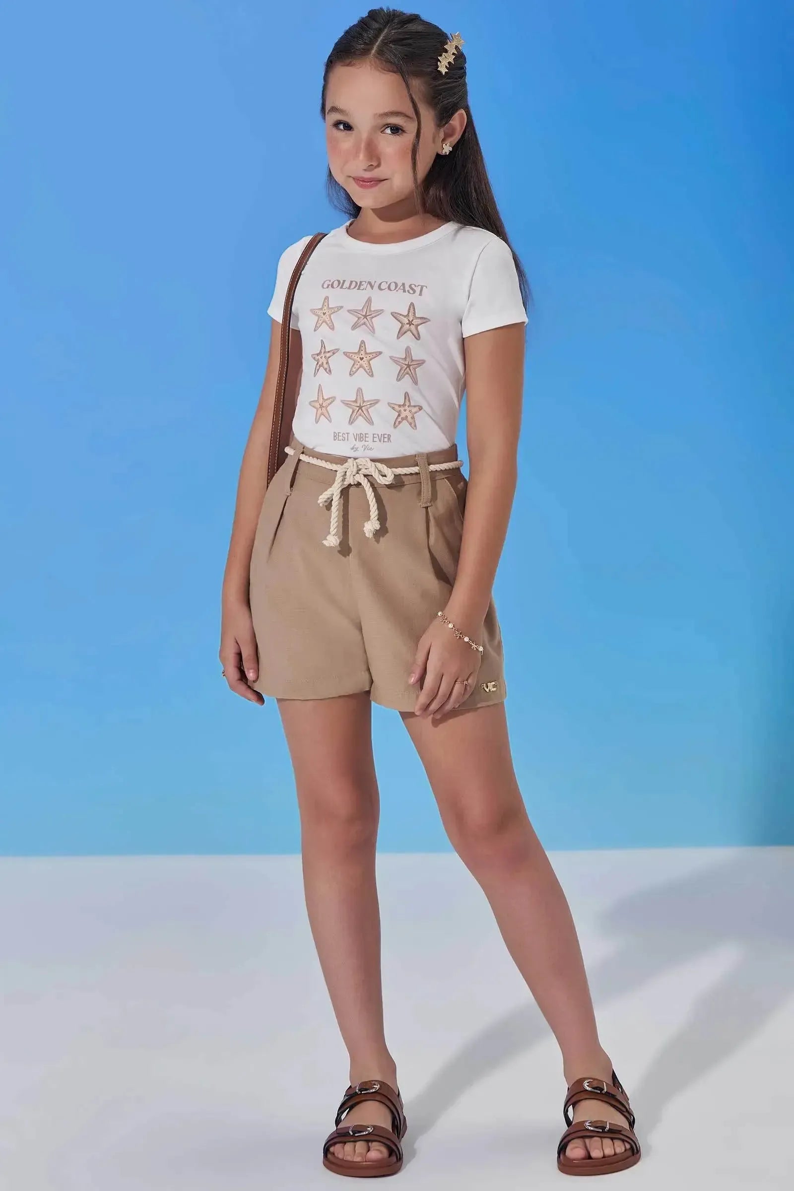 Conjunto de Blusa em Malha Power e Shorts em Linho com Elastano 99092 Vic Teen Menina