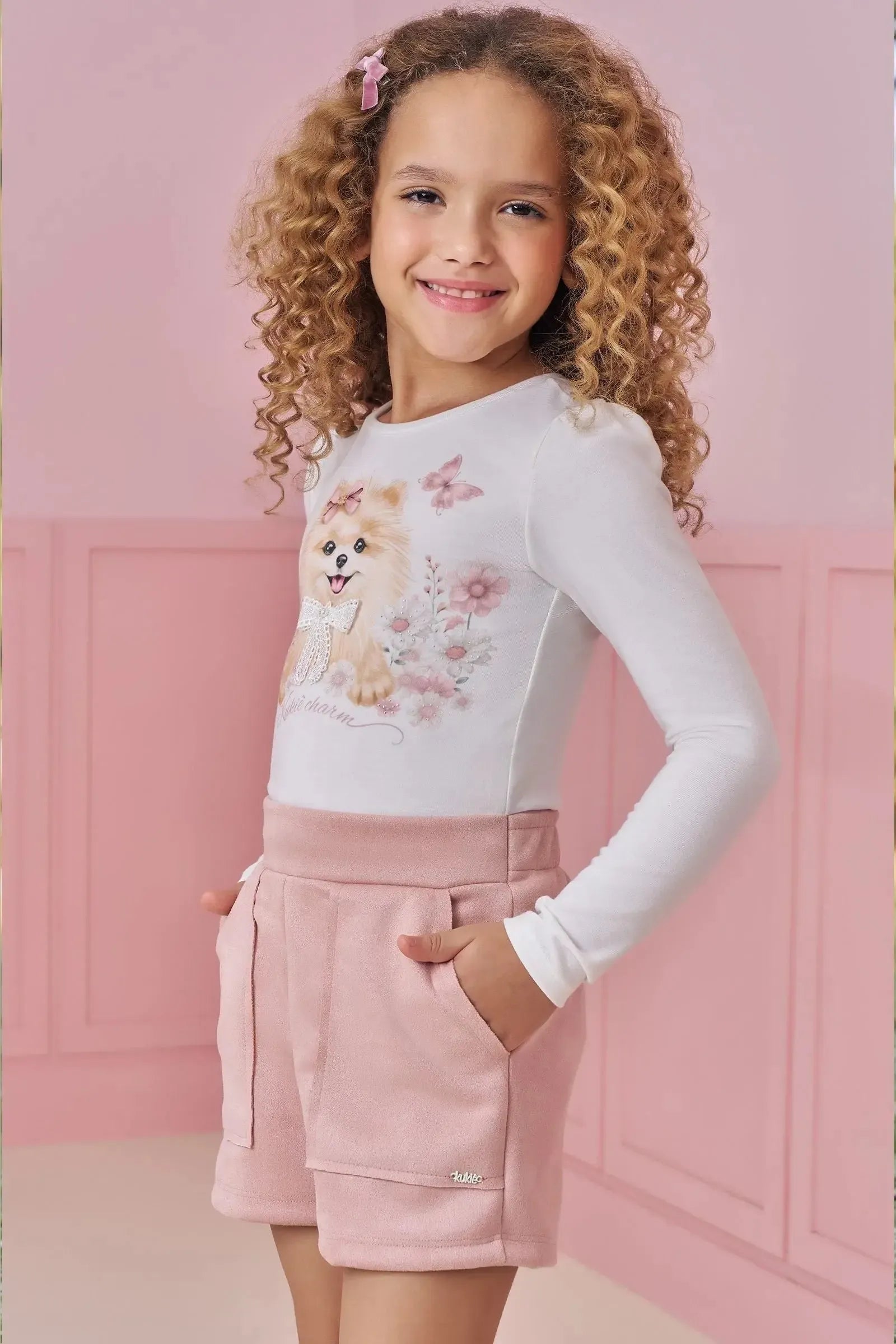 Conjunto de Blusa em Malha Power e Shorts em Malha Scuba Suede 91839 Kukiê Infantil Menina