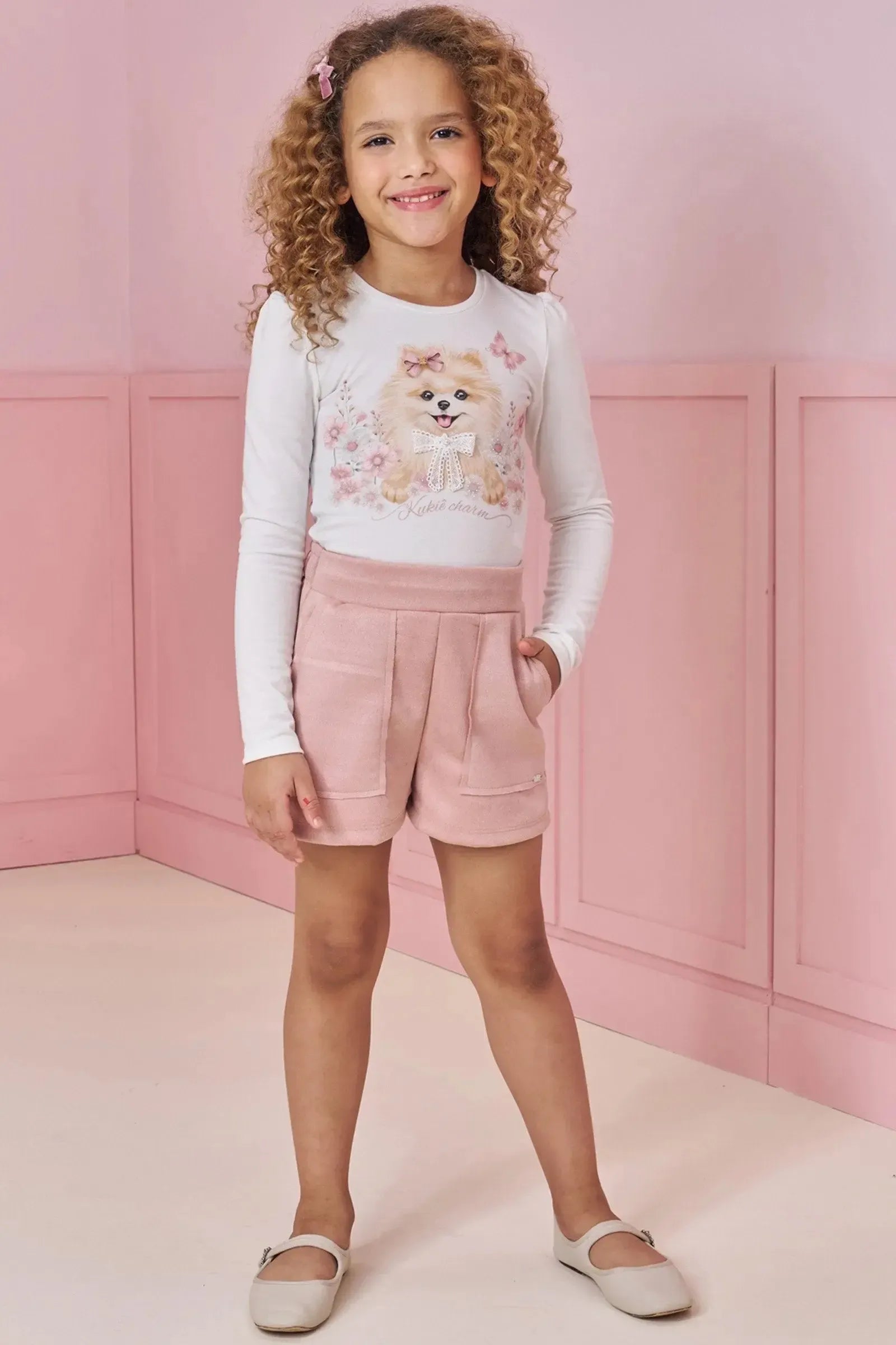 Conjunto de Blusa em Malha Power e Shorts em Malha Scuba Suede 91839 Kukiê Infantil Menina