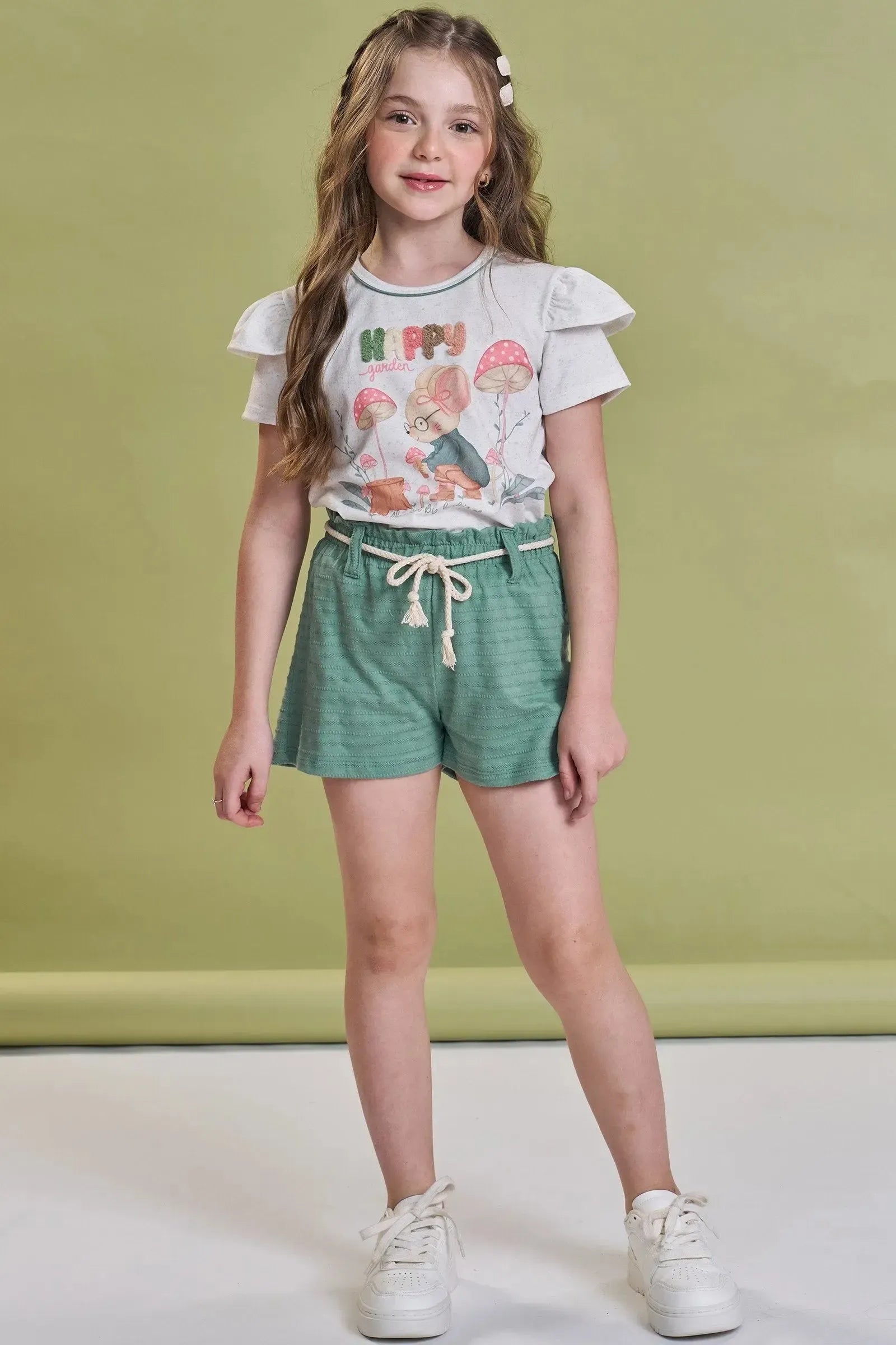 Conjunto de Blusa em Malha Power e Shorts em Meia Malha Textura 93850 Kukiê Infantil Menina