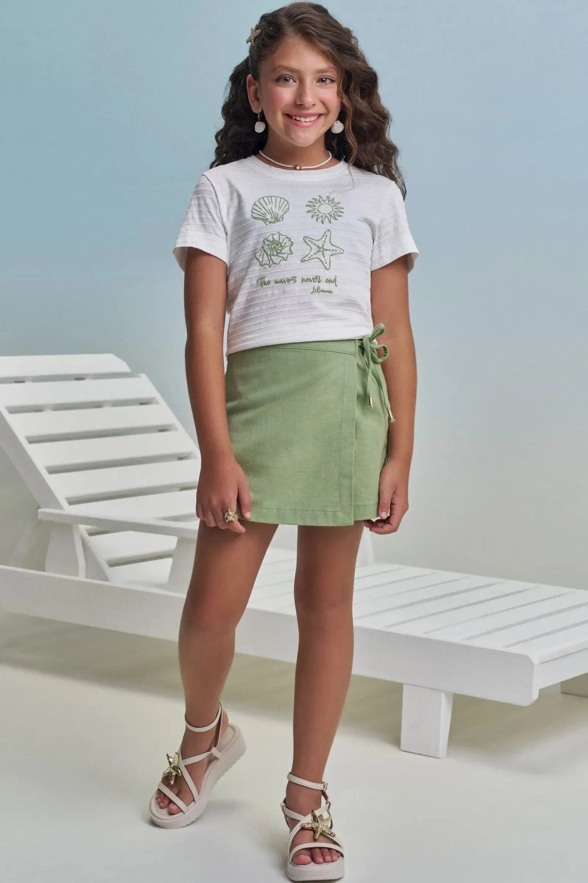 Conjunto de Blusa em Malha Texturizada e Short Saia em Linho Santorine 99327 Lilimoon Teen Menina