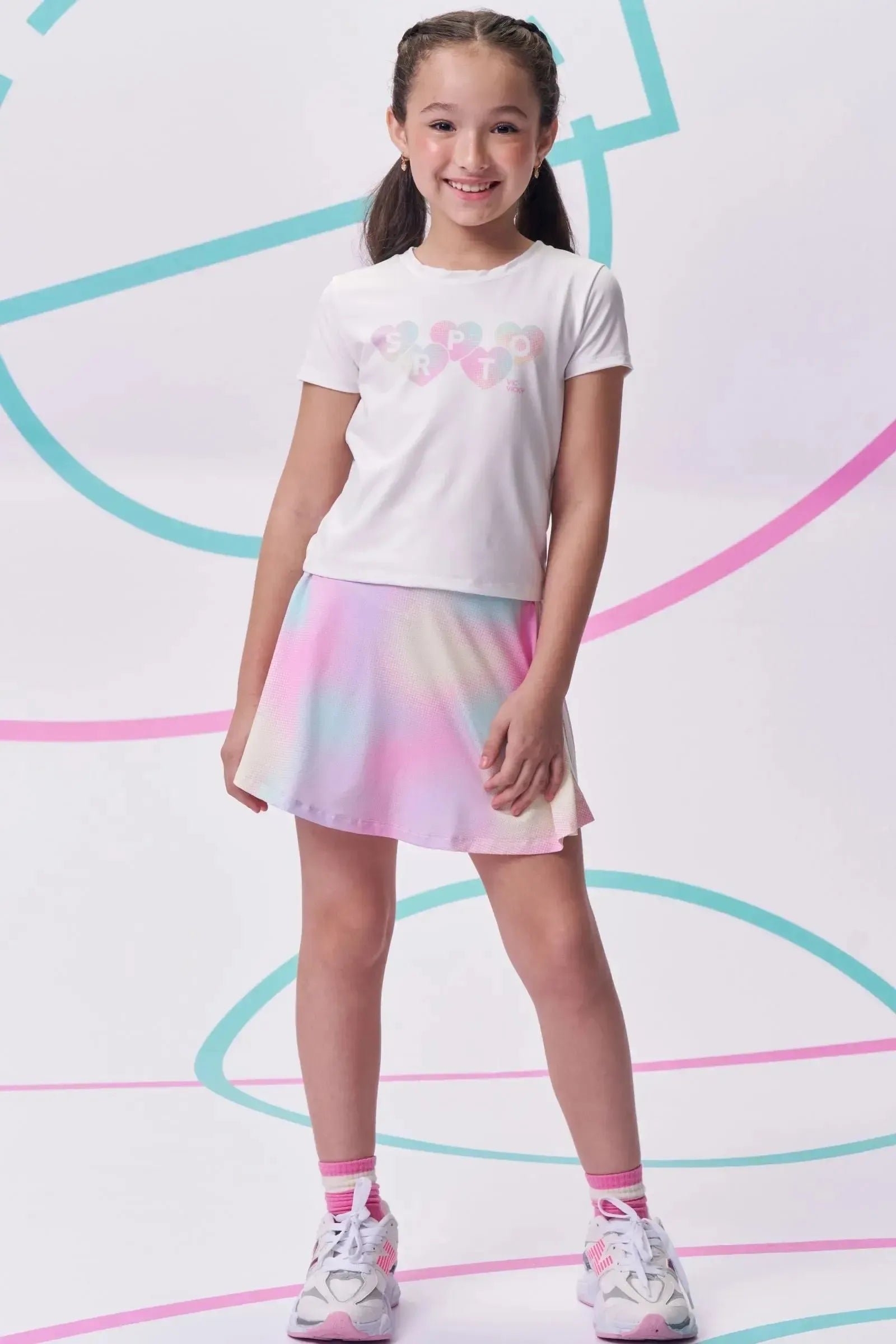 Conjunto de Blusa em Malha UV50 e Saia em Malha Yuki com Shorts Embutido 96539 Vic&Vicky Teen Menina