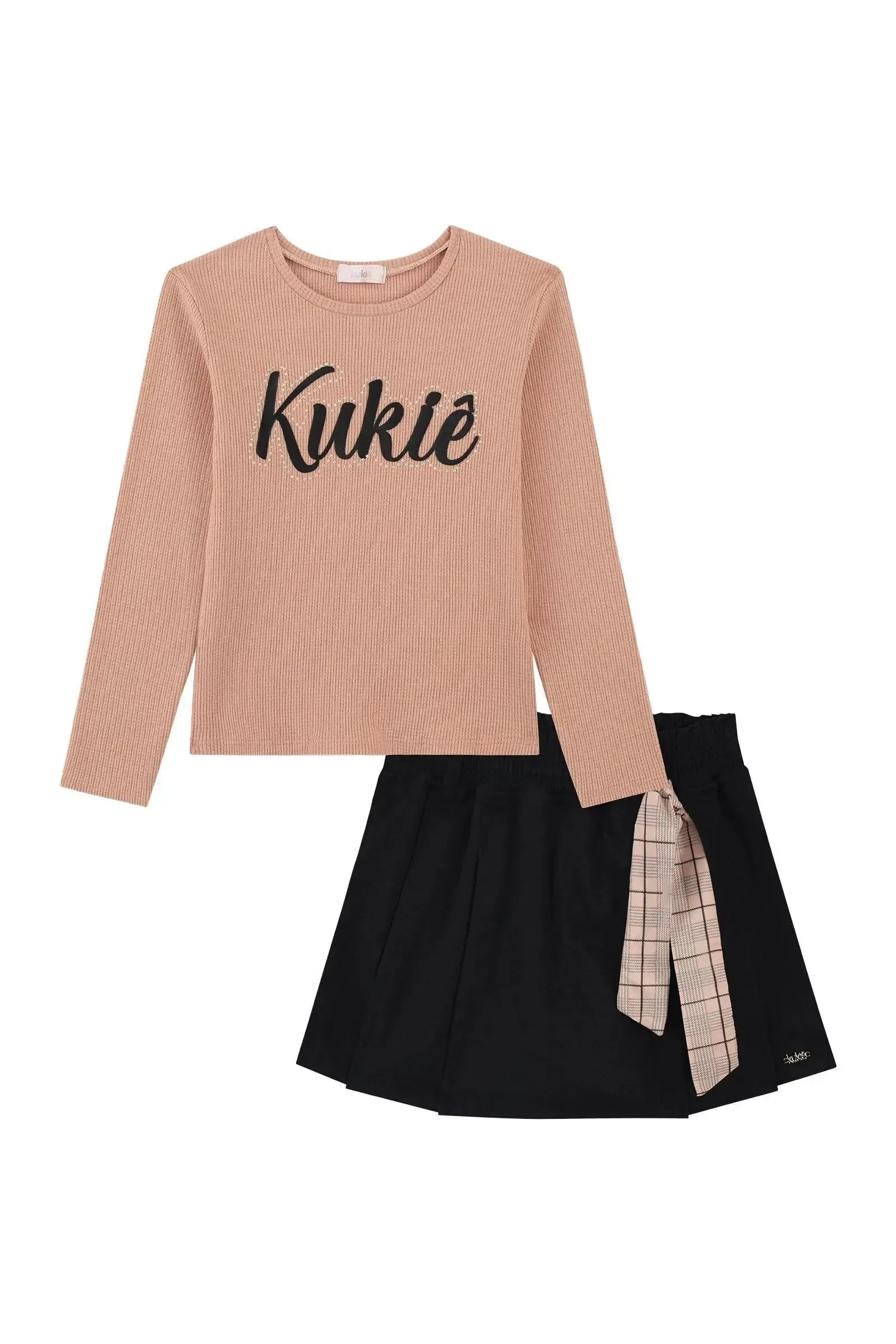 Conjunto de Blusa em Malha Waffle e Short Saia em Sarja com Elastano 92652 Kukiê Infantil Menina