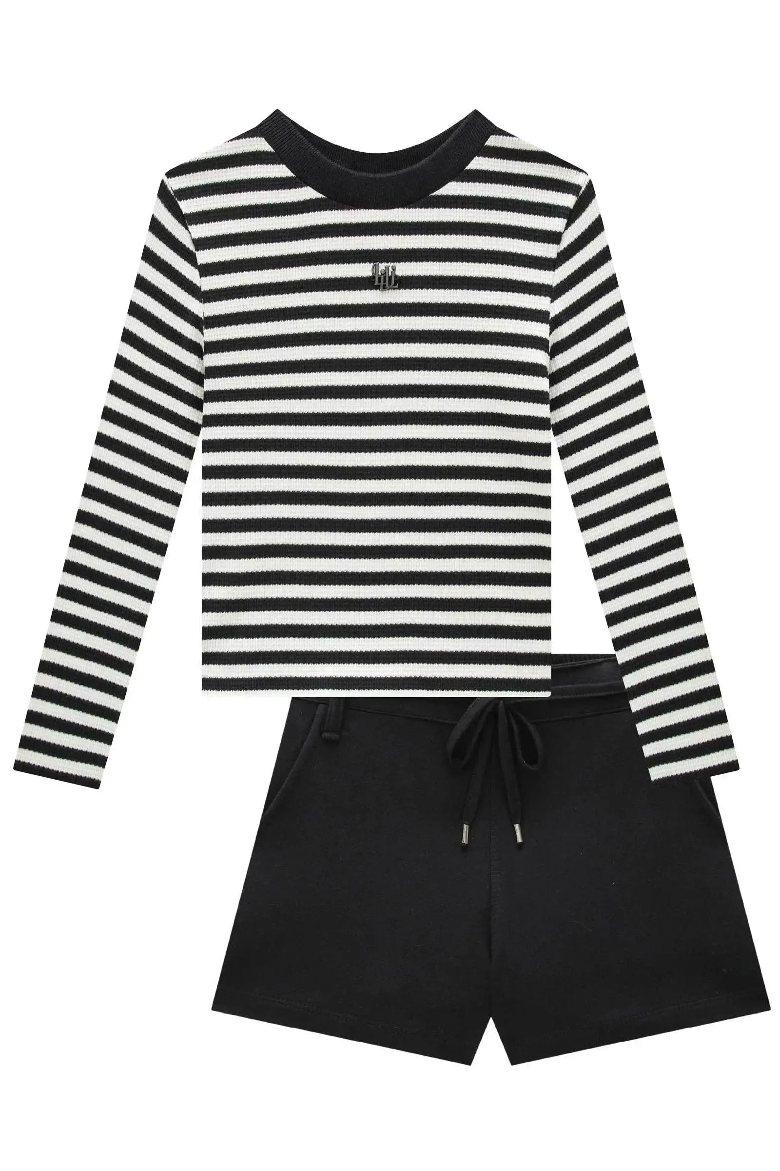 Conjunto de Blusa em Malha Waffle Listrada e Shorts em Moletom sem Pelúcia 91854 Lilimoon Teen Menina