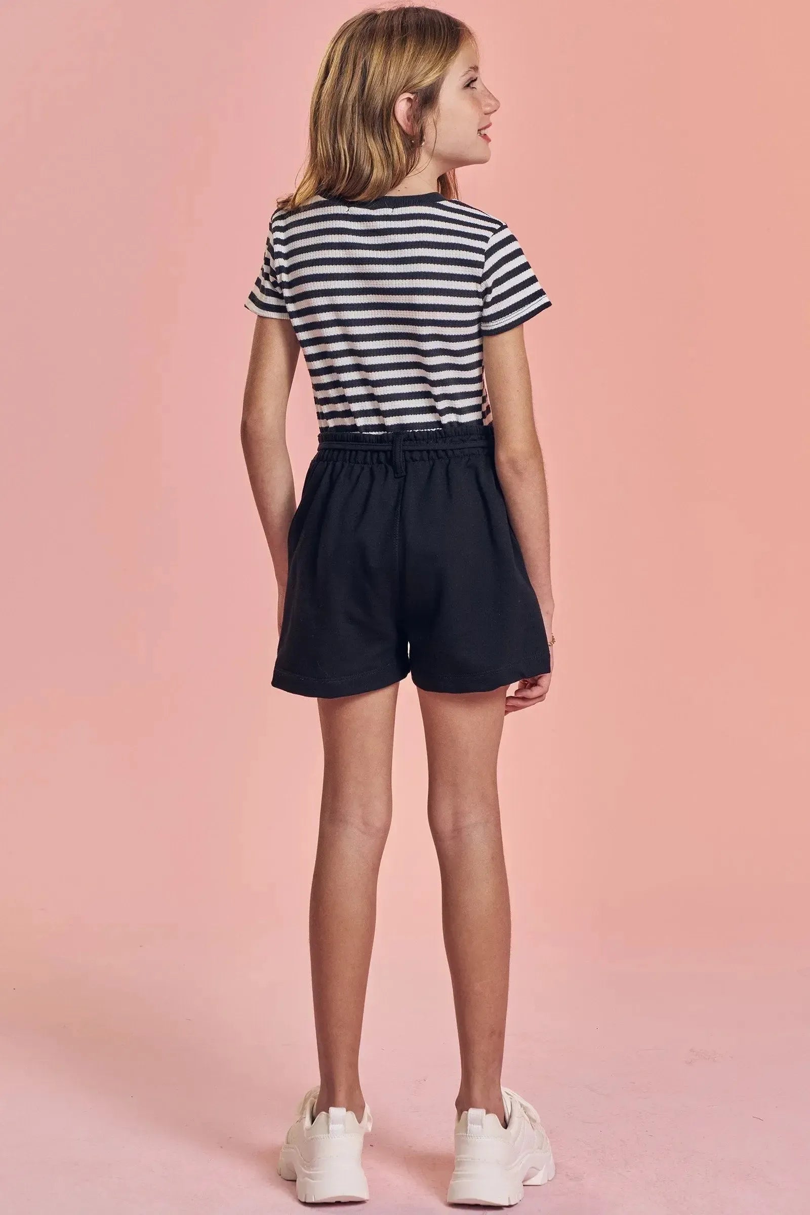 Conjunto de Blusa em Malha Waffle Listrada e Shorts em Moletom sem Pelúcia 93297 Lilimoon Teen Menina